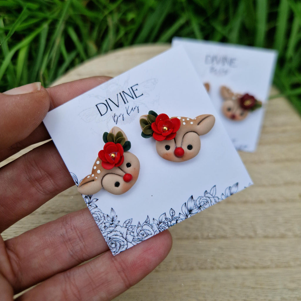 reindeer studs, dainty reindeer studs, polymer clay earrings, handmade jewellery,