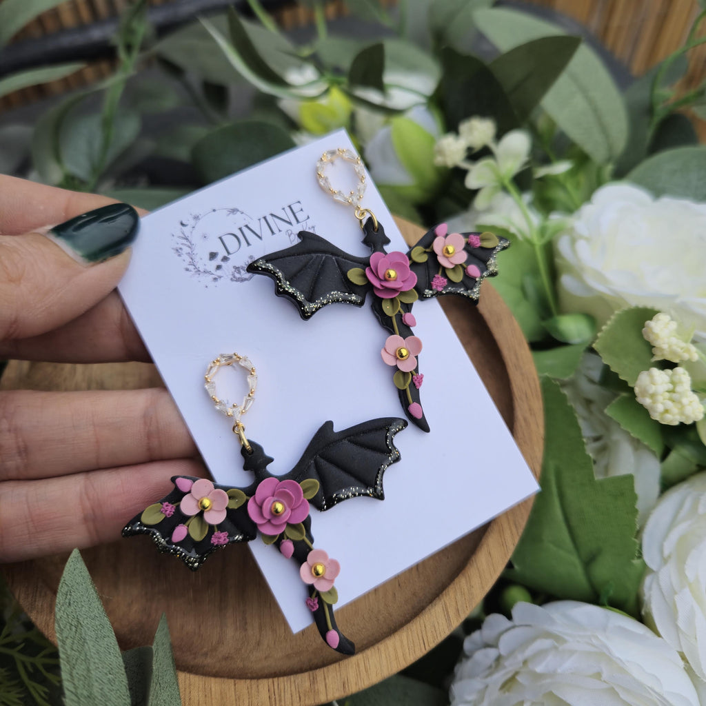 floral dragon earring giftset - gothic jewellery - gift ideas for her - elegant clay earrings