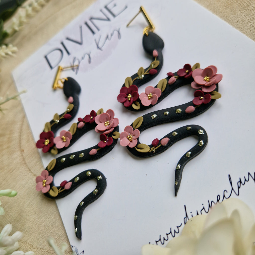pink floral snake earrings - flower earrings - handmade clay earrings - gifts for her - birthday gift - mothers day - best friend gift
