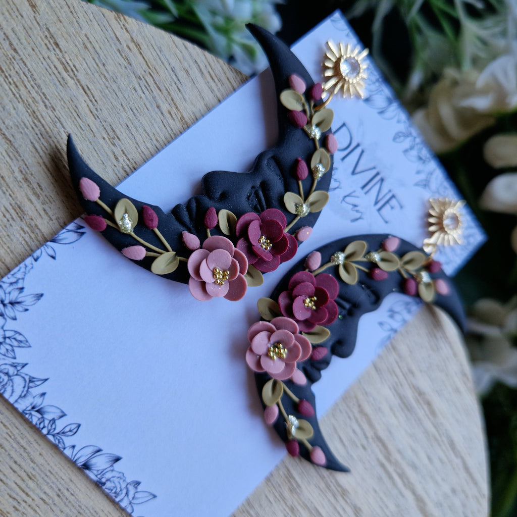 pink floral moon earrings, celestial jewellery, gifts for her