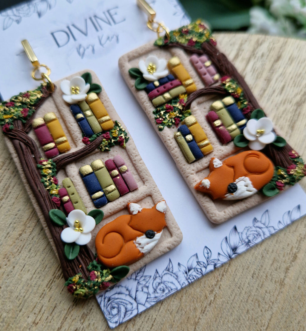fox Book Earrings - book lover gifts - quirky earrings  - bookshelf earrings - book club gifts