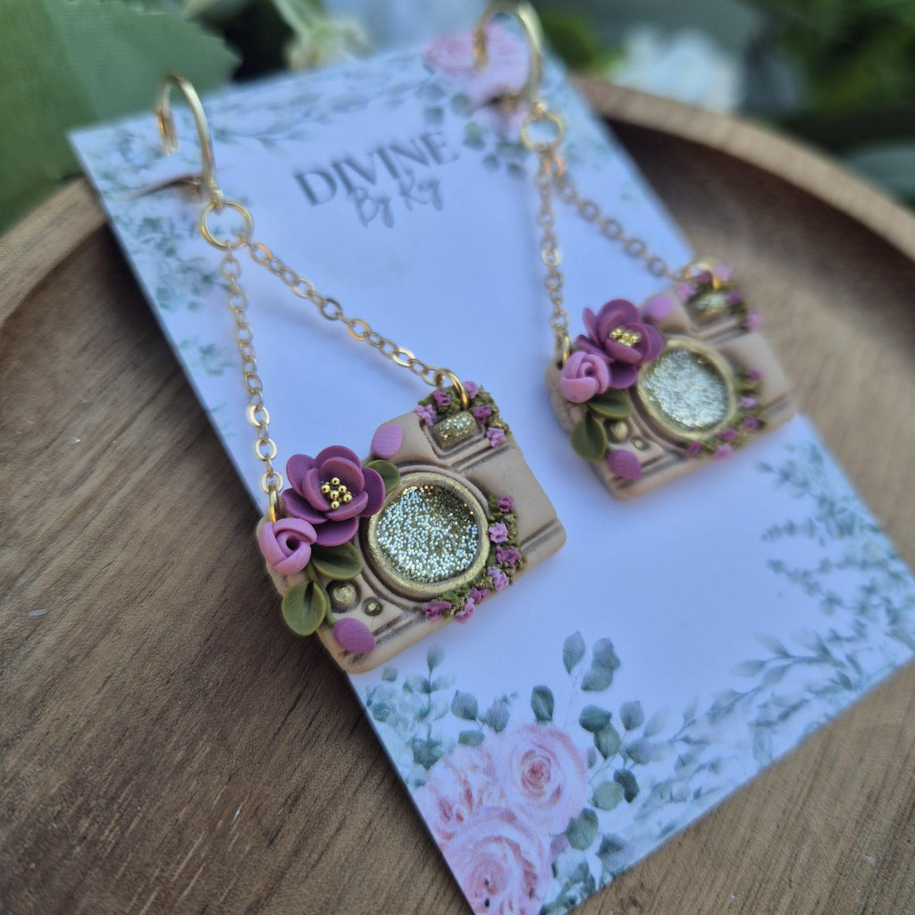 floral camera earrings, gifts for her. wedding guest earrings, bridal gift, birthday gift for her, elegant earrings , dangle earrings