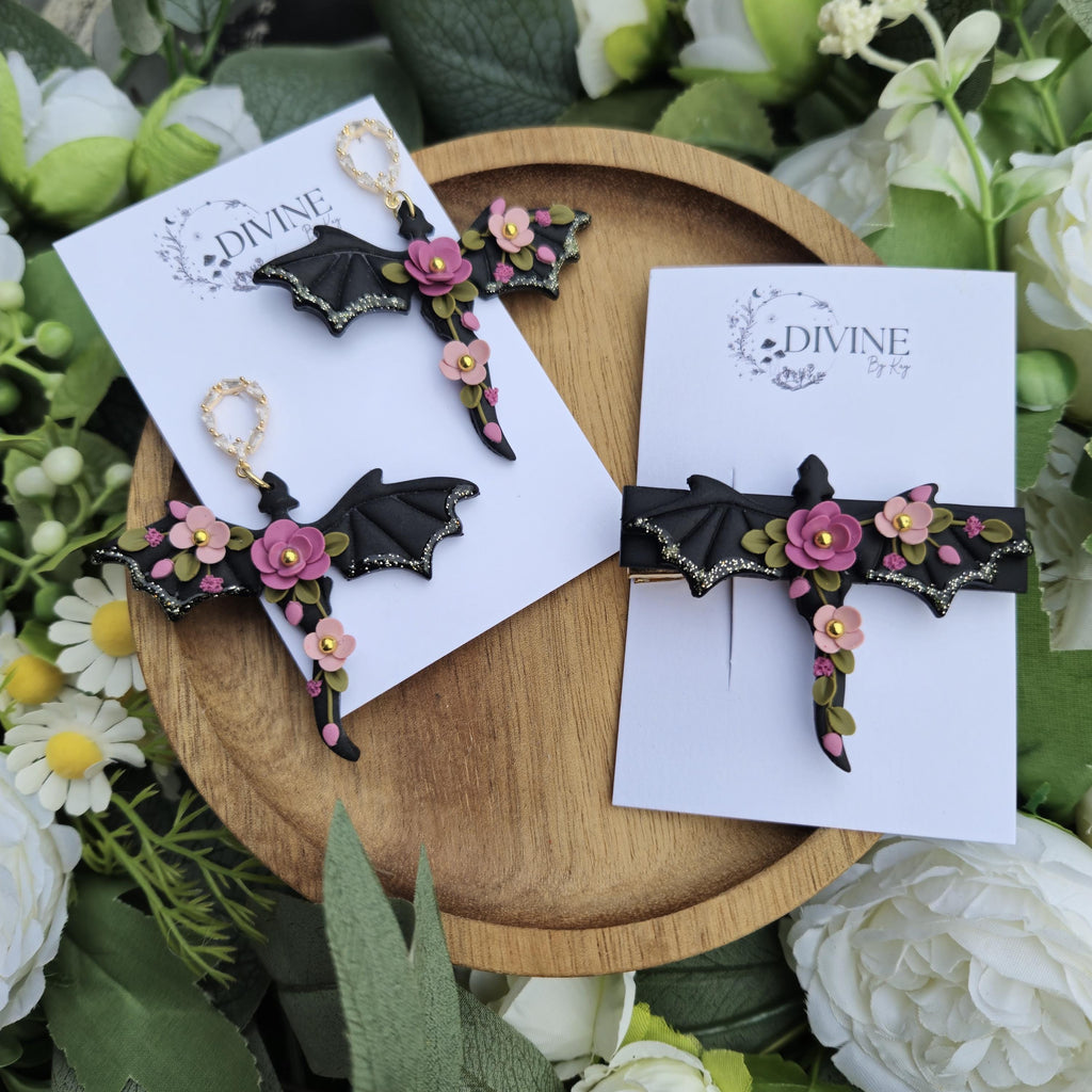 floral dragon earring giftset - gothic jewellery - gift ideas for her - elegant clay earrings