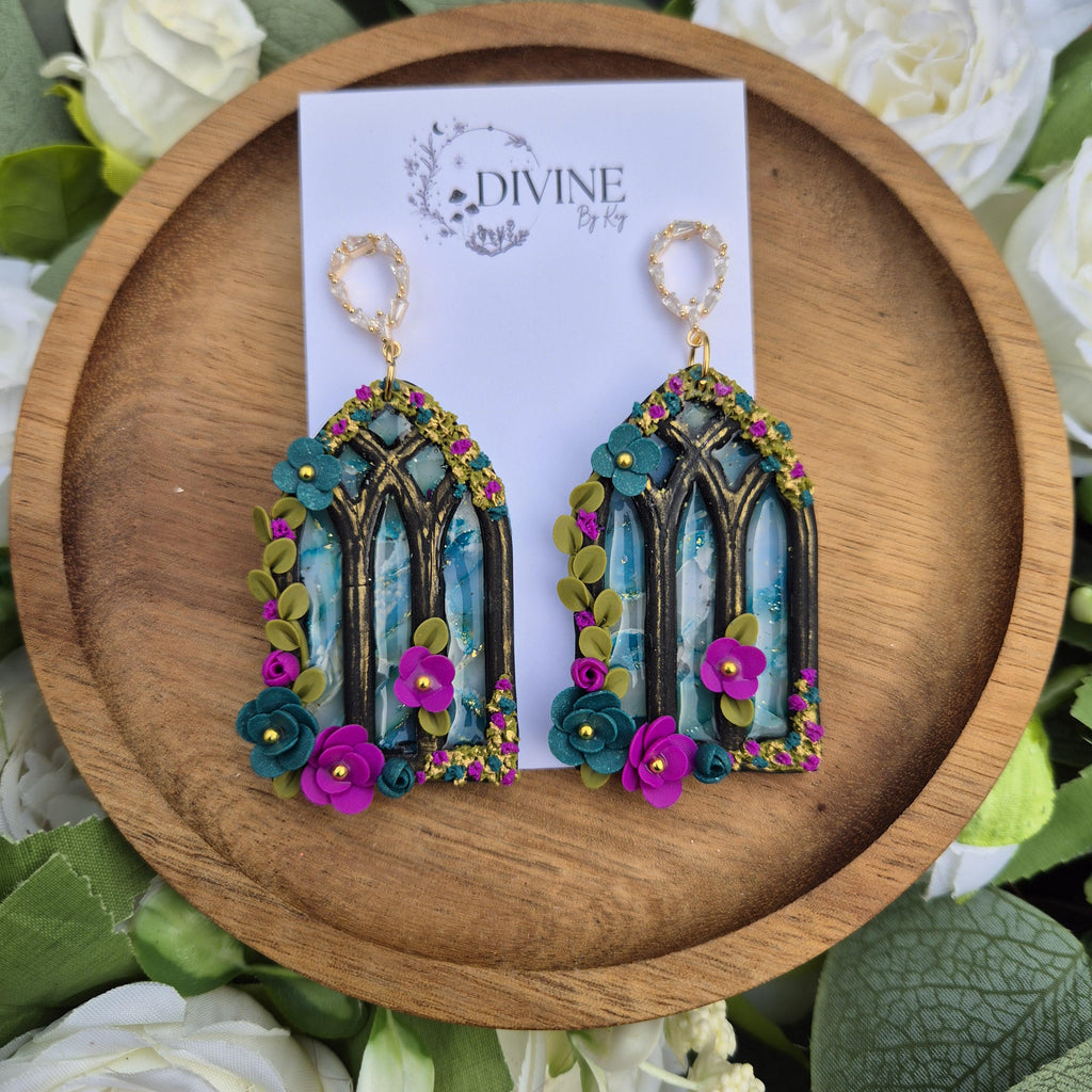 gothic window earrings - stained glass windows - celestial dangle earrings