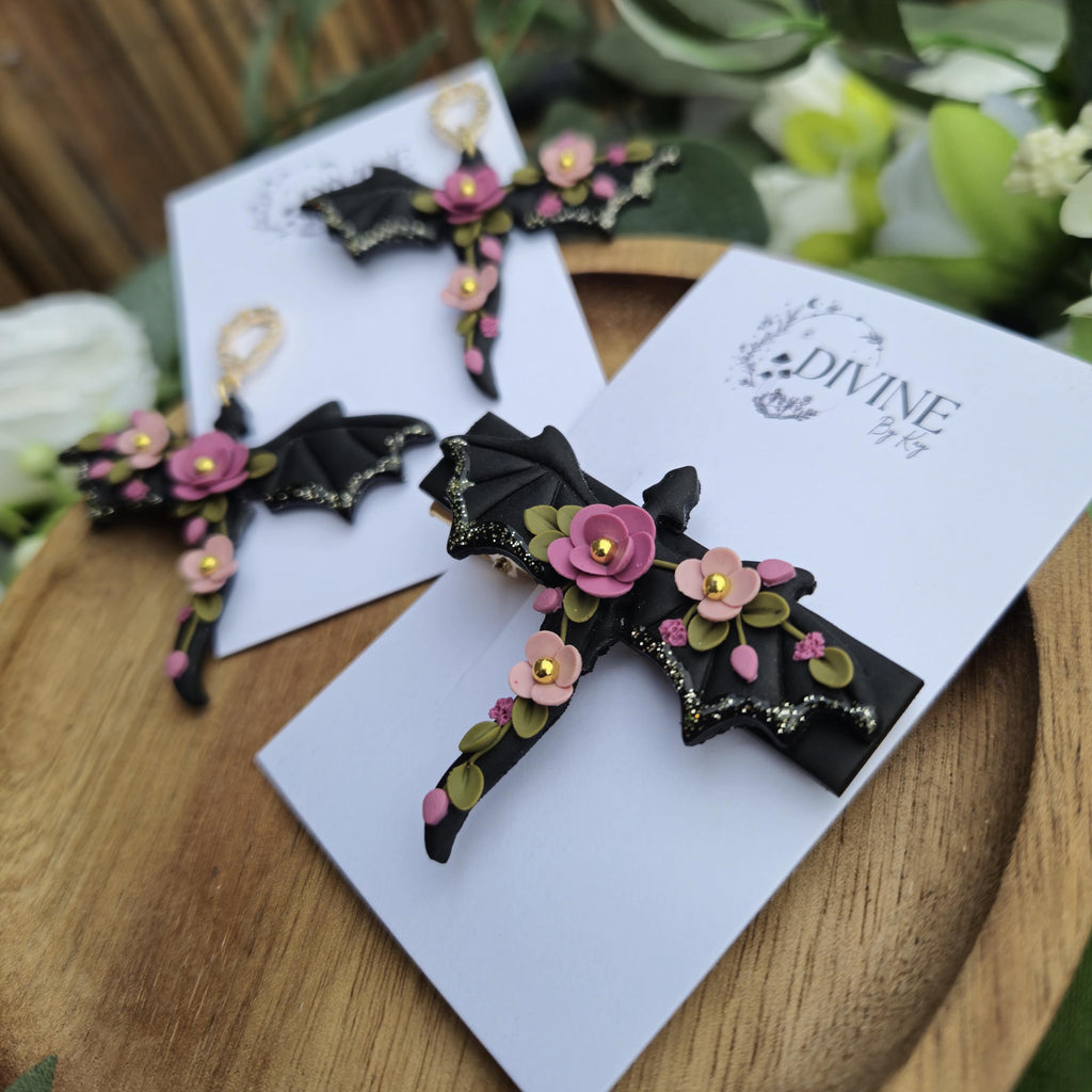 floral dragon earring giftset - gothic jewellery - gift ideas for her - elegant clay earrings