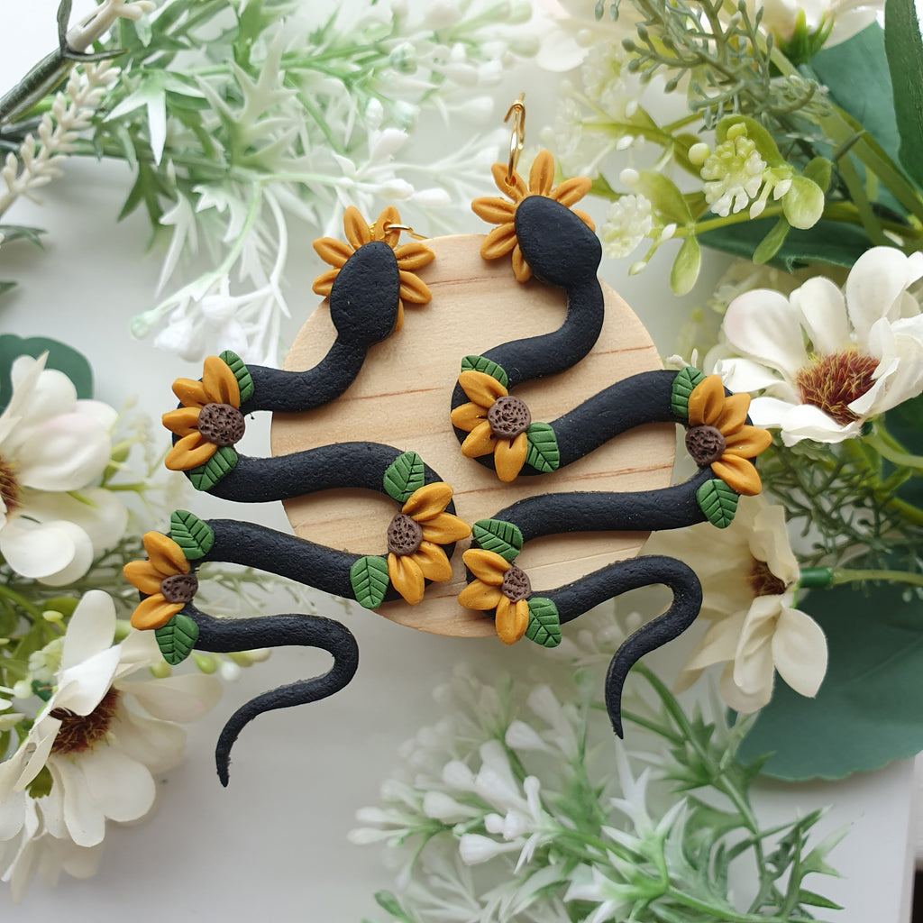 Handmade Clay Snake Earrings: Sunflower Dangle Drop Earrings