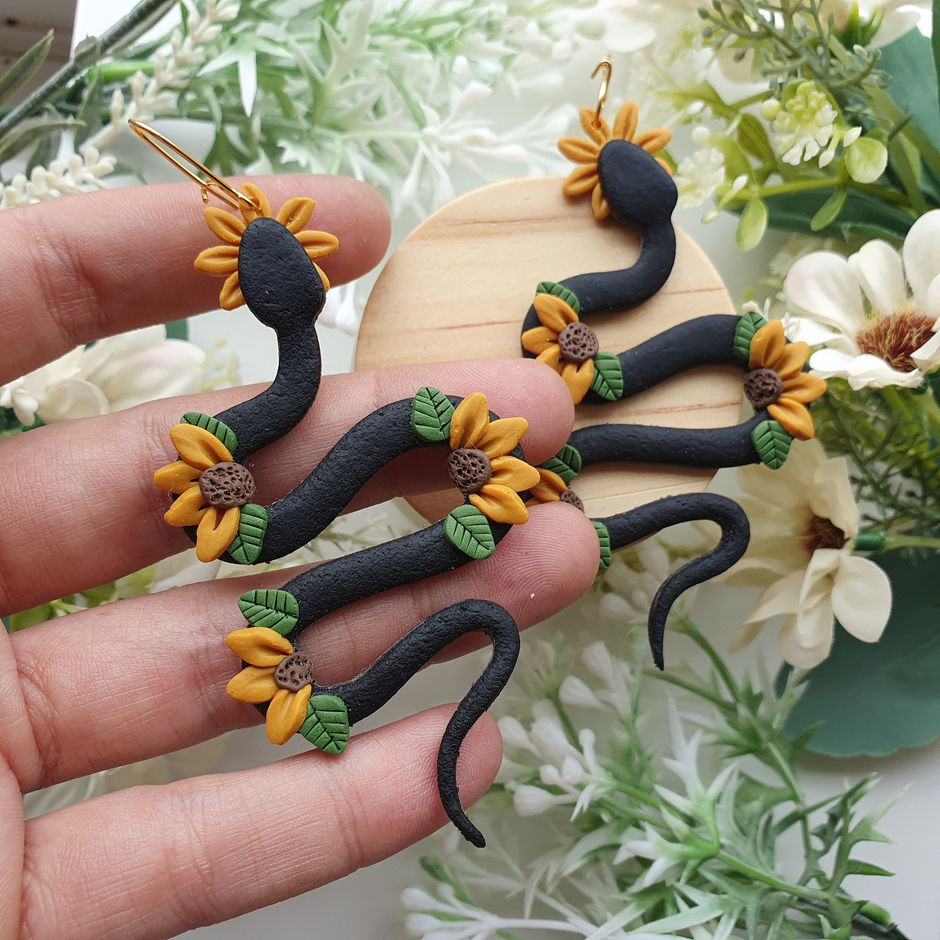 Handmade Clay Snake Earrings: Sunflower Dangle Drop Earrings