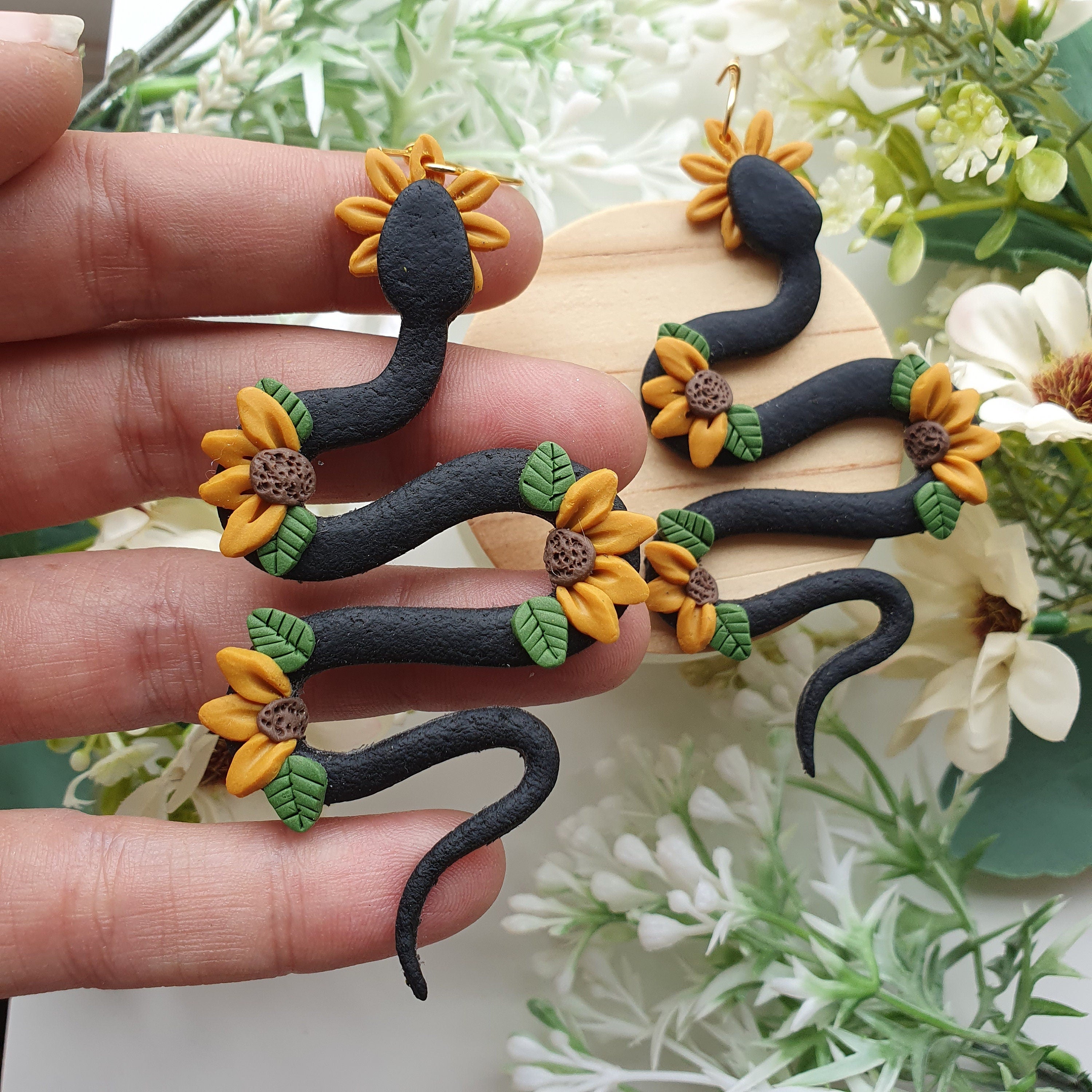 Handmade Clay Snake Earrings: Sunflower Dangle Drop Earrings