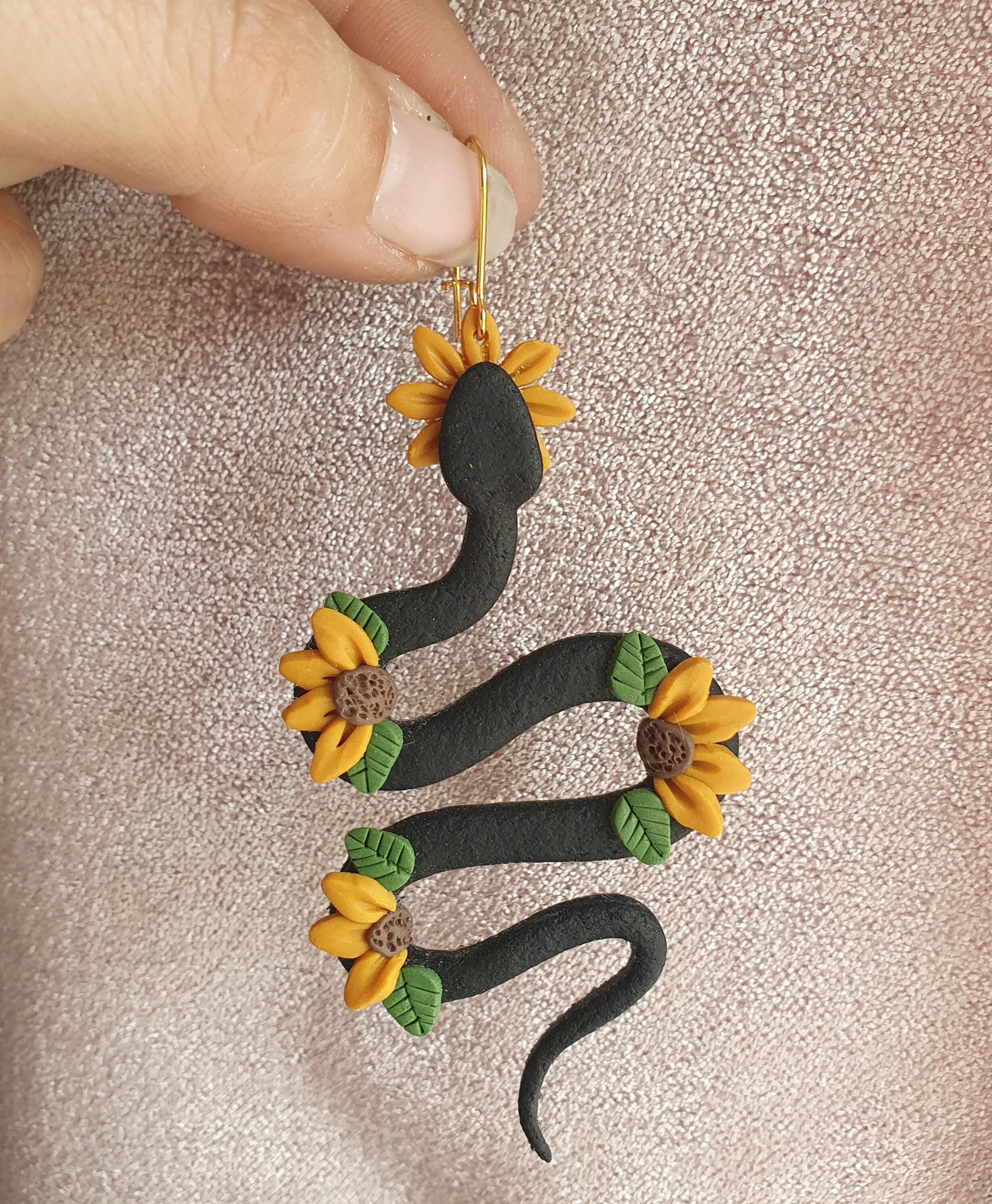 Handmade Clay Snake Earrings: Sunflower Dangle Drop Earrings