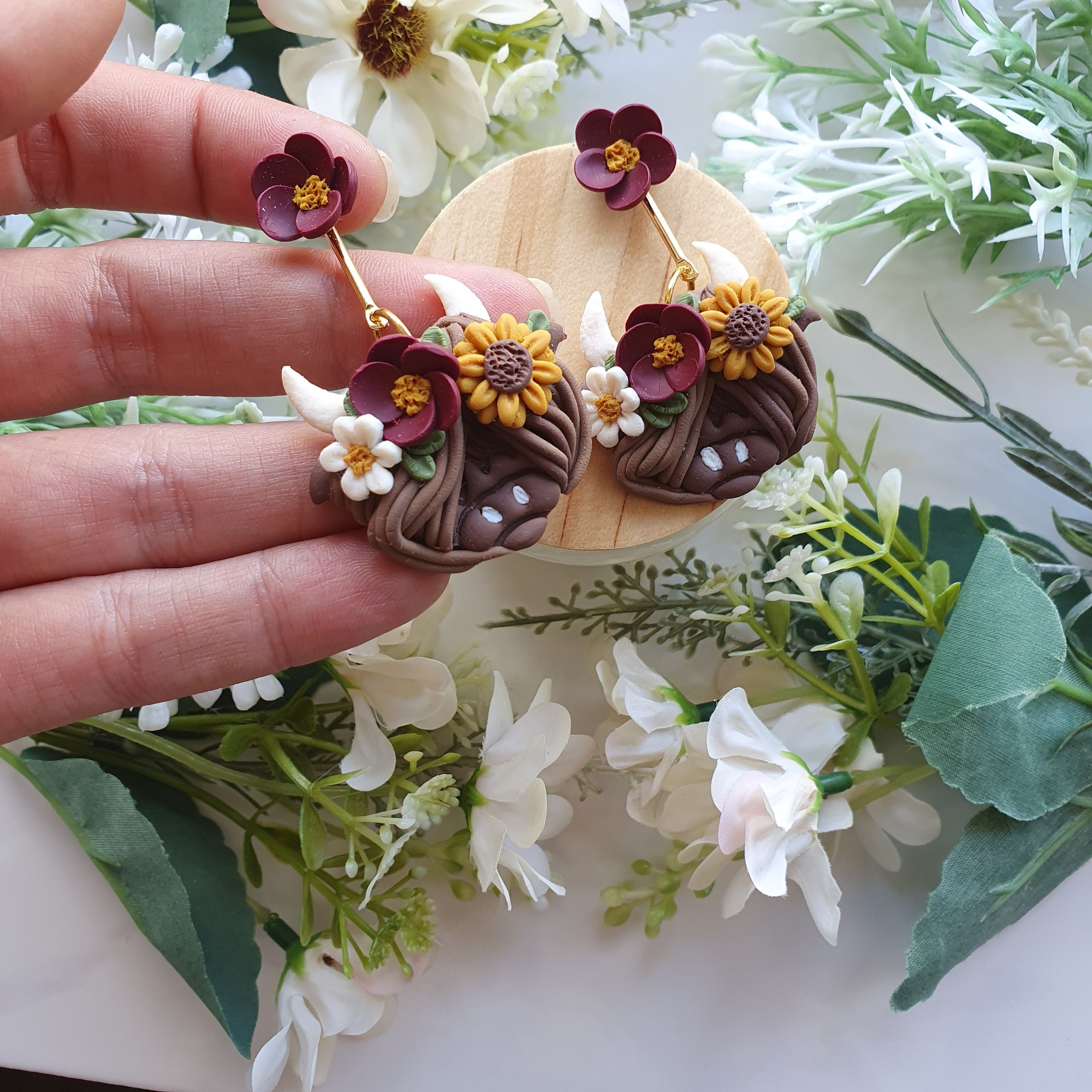 Handmade Highland Cow Earrings: Clay Sunflower Dangles