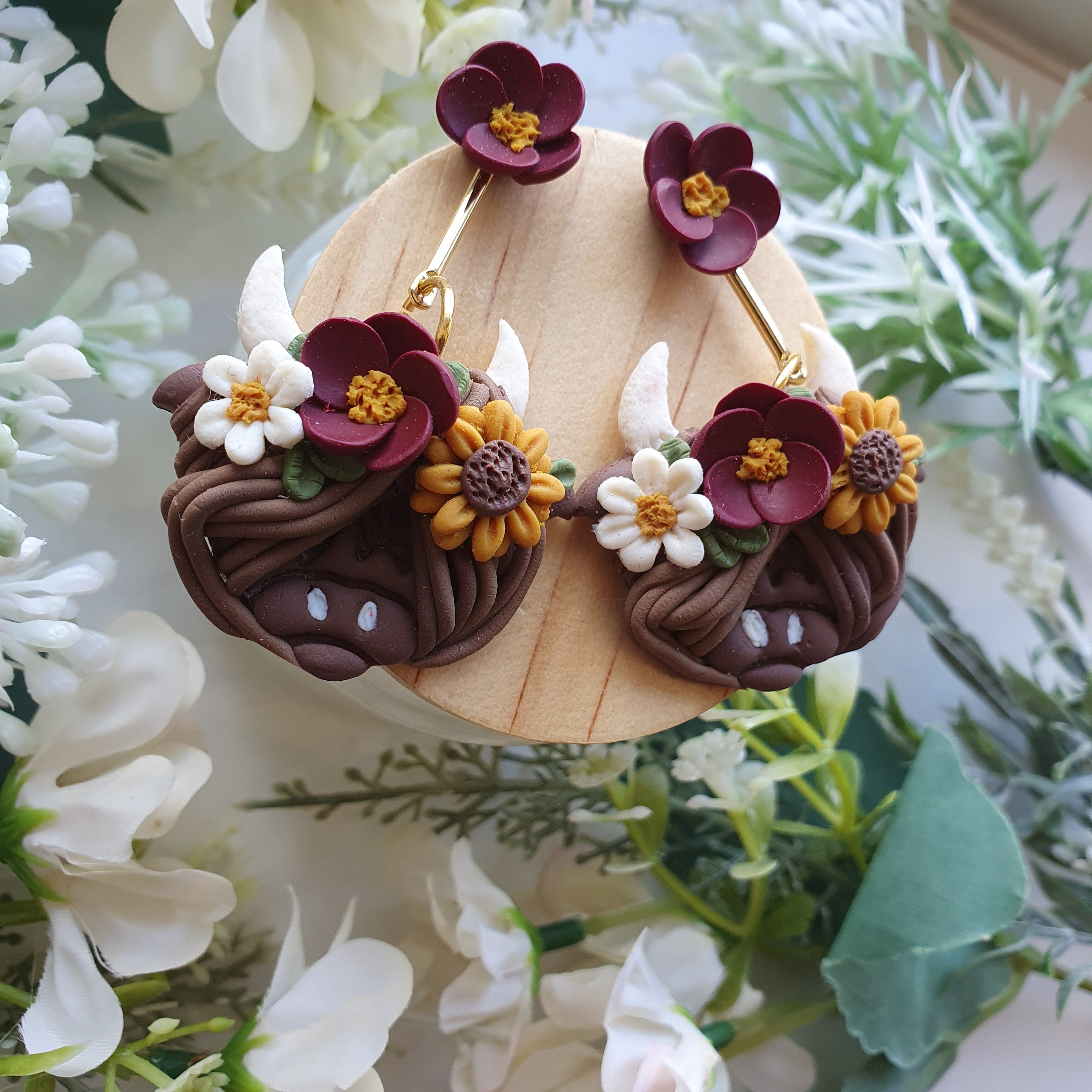 Handmade Highland Cow Earrings: Clay Sunflower Dangles