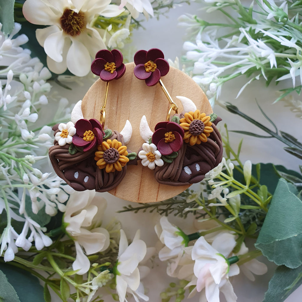 Handmade Highland Cow Earrings: Clay Sunflower Dangles