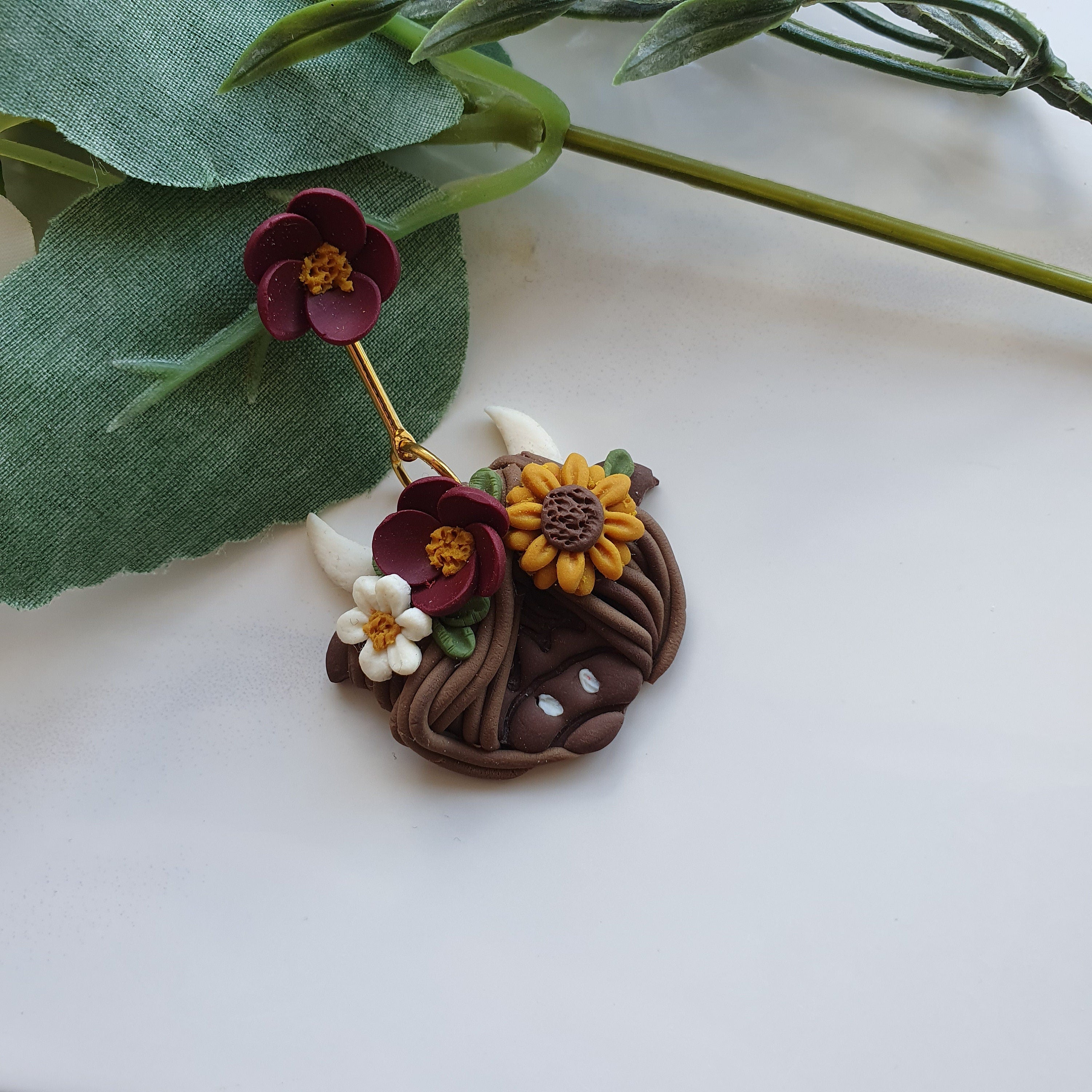 Handmade Highland Cow Earrings: Clay Sunflower Dangles