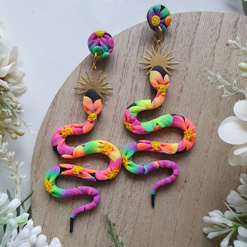 Neon Snake Polymer Clay Earrings, Floral Statement Dangles, Lightweight Handmade Jewellery