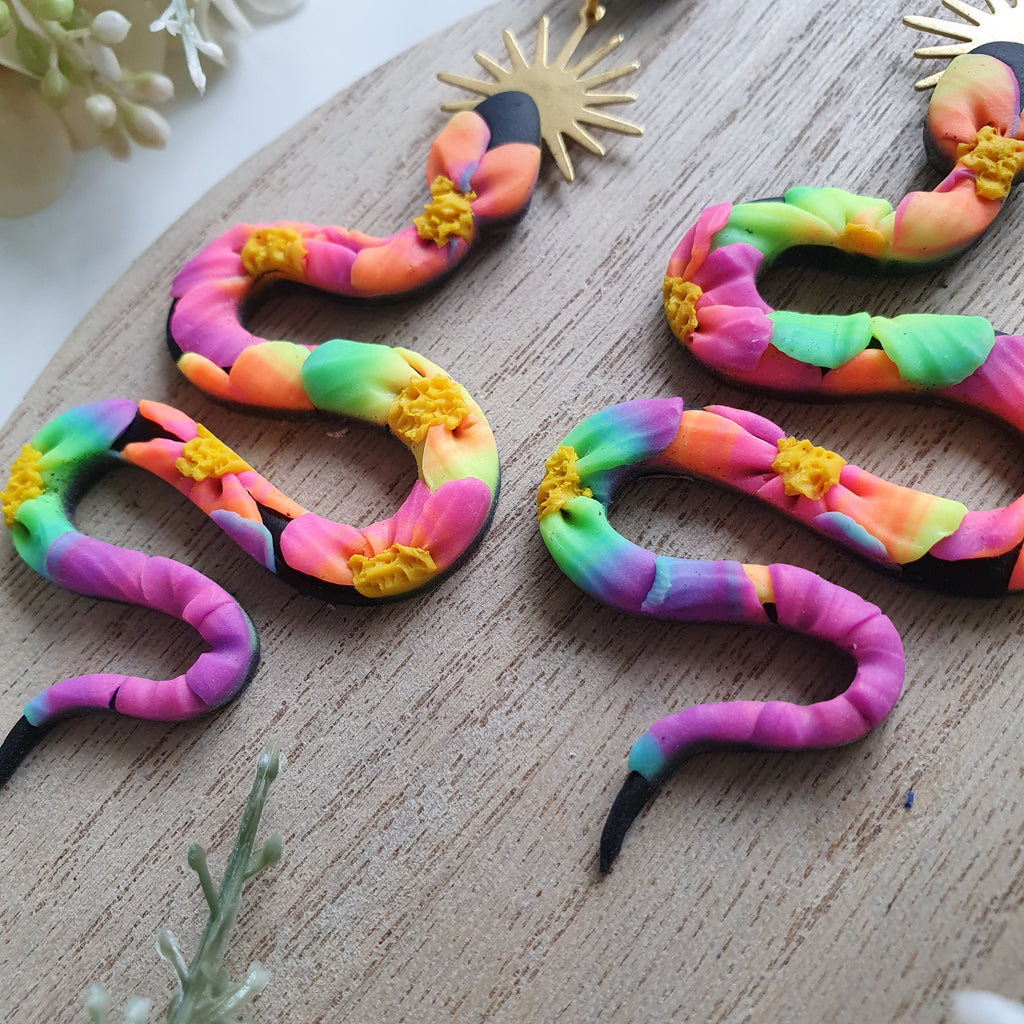 Neon Snake Polymer Clay Earrings, Floral Statement Dangles, Lightweight Handmade Jewellery