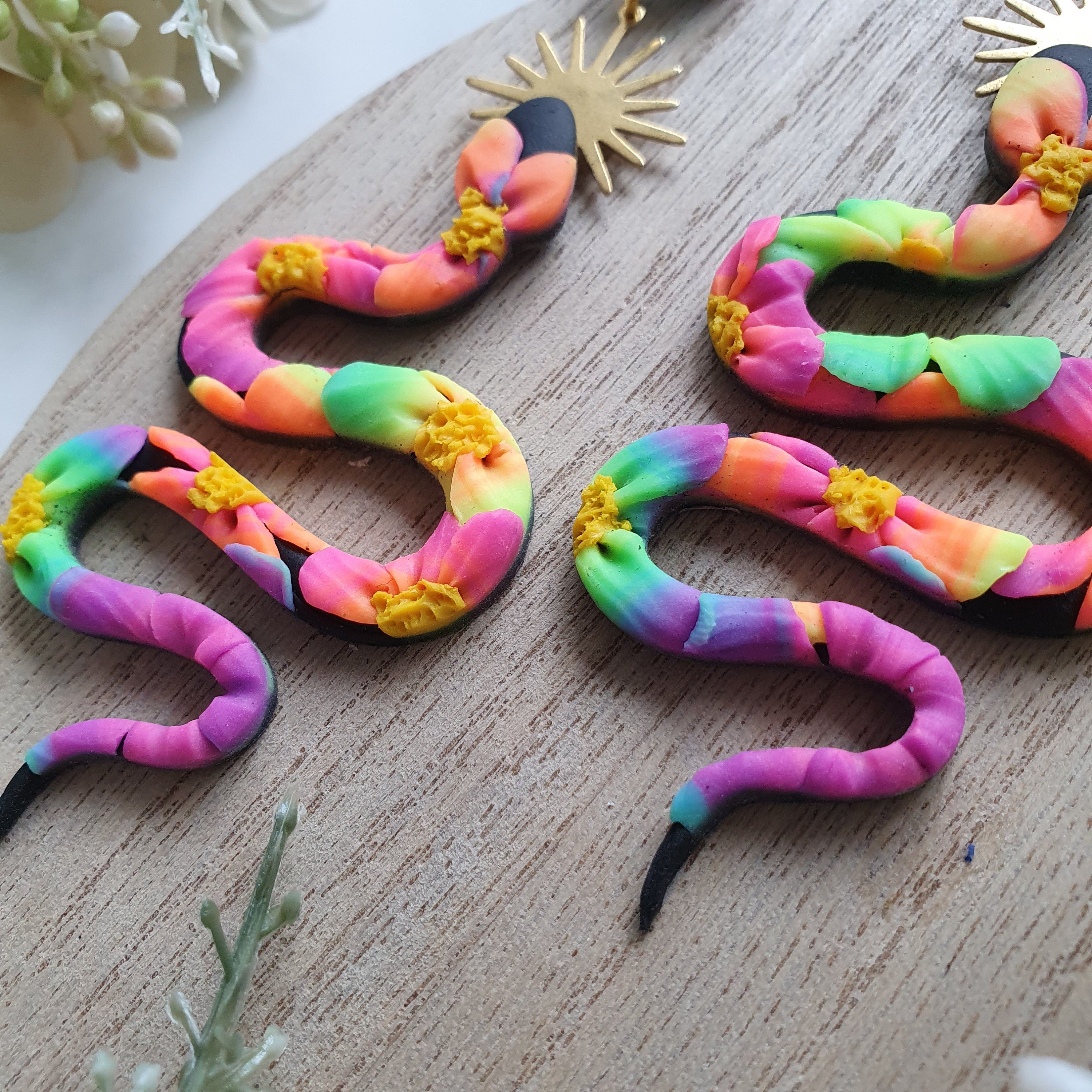 Neon Snake Polymer Clay Earrings, Floral Statement Dangles, Lightweight Handmade Jewellery