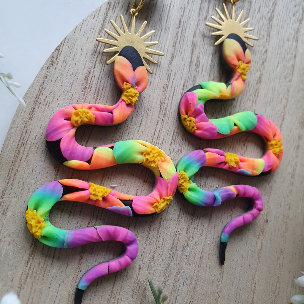 Neon Snake Polymer Clay Earrings, Floral Statement Dangles, Lightweight Handmade Jewellery