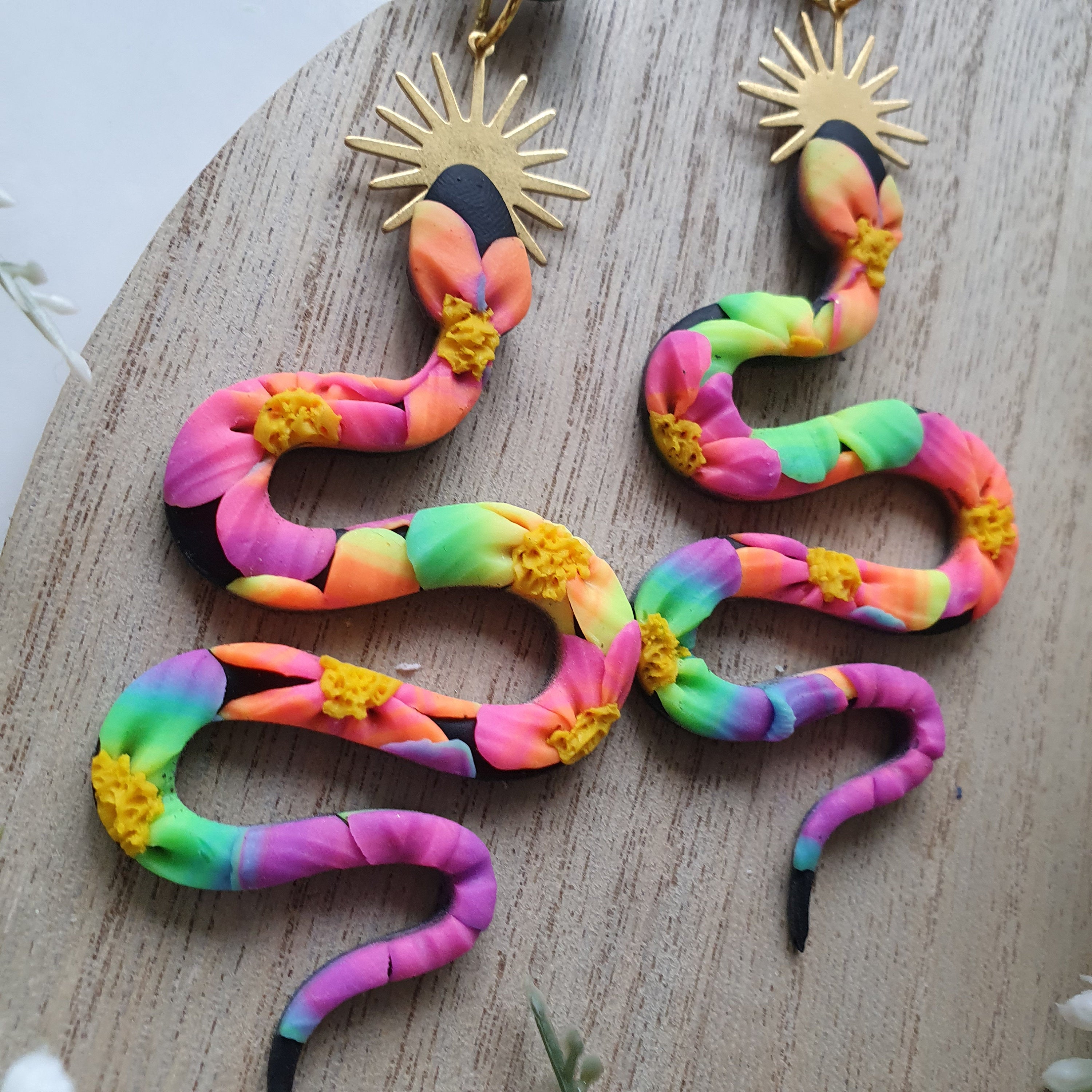 Neon Snake Polymer Clay Earrings, Floral Statement Dangles, Lightweight Handmade Jewellery