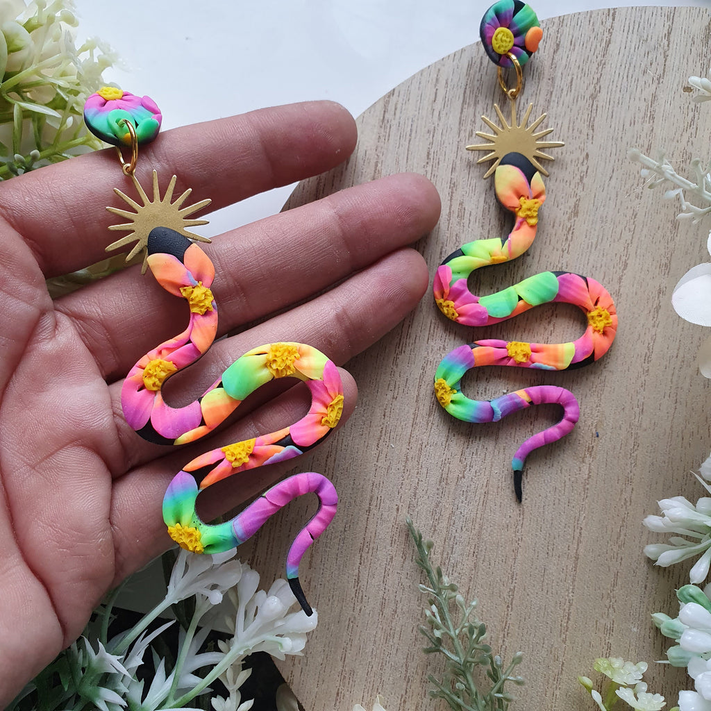 Neon Snake Polymer Clay Earrings, Floral Statement Dangles, Lightweight Handmade Jewellery
