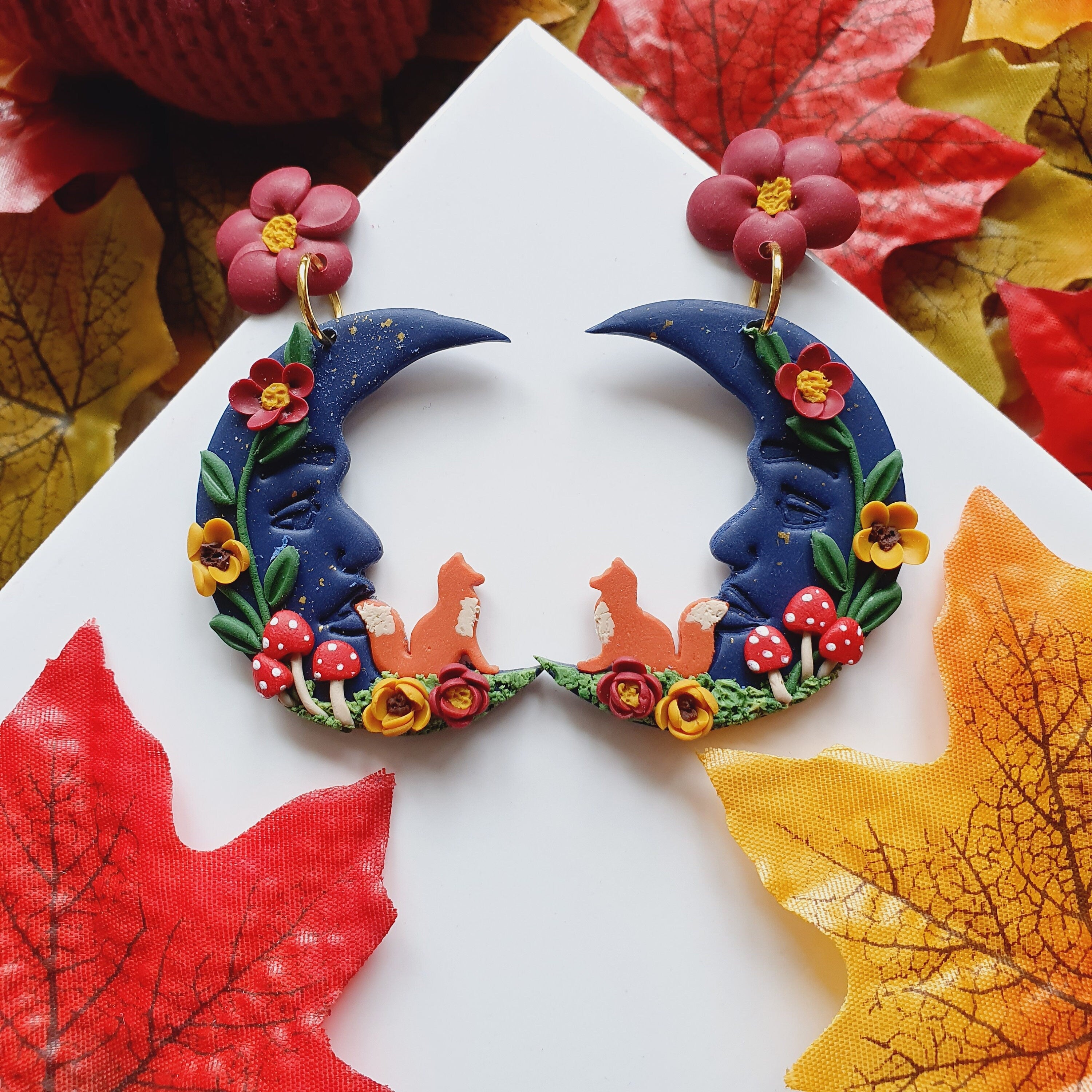 Clay Fox Moon Earrings: Cottagecore Woodland Jewelry