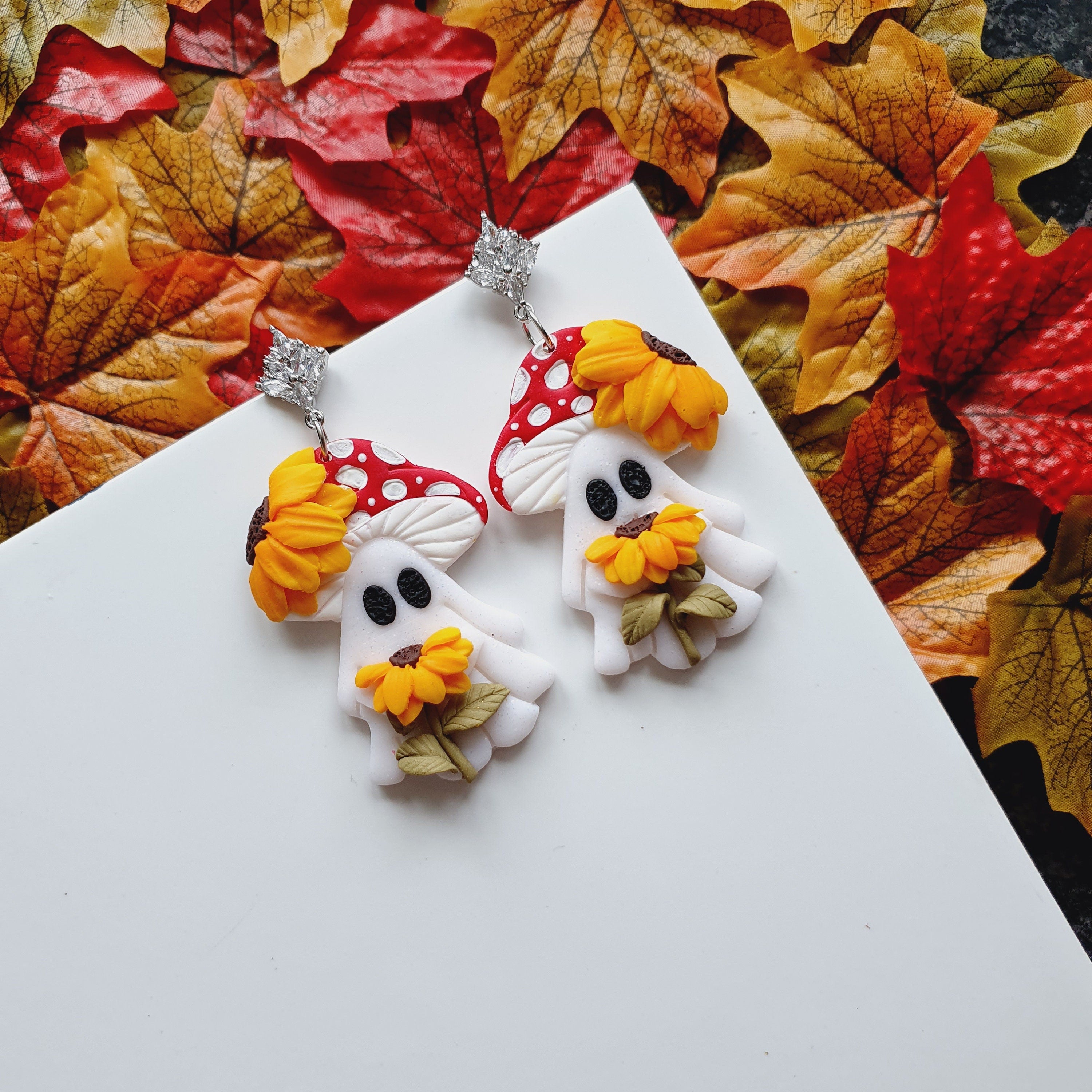Shimmery Ghost Earrings: Handmade Clay Sunflower Jewelry