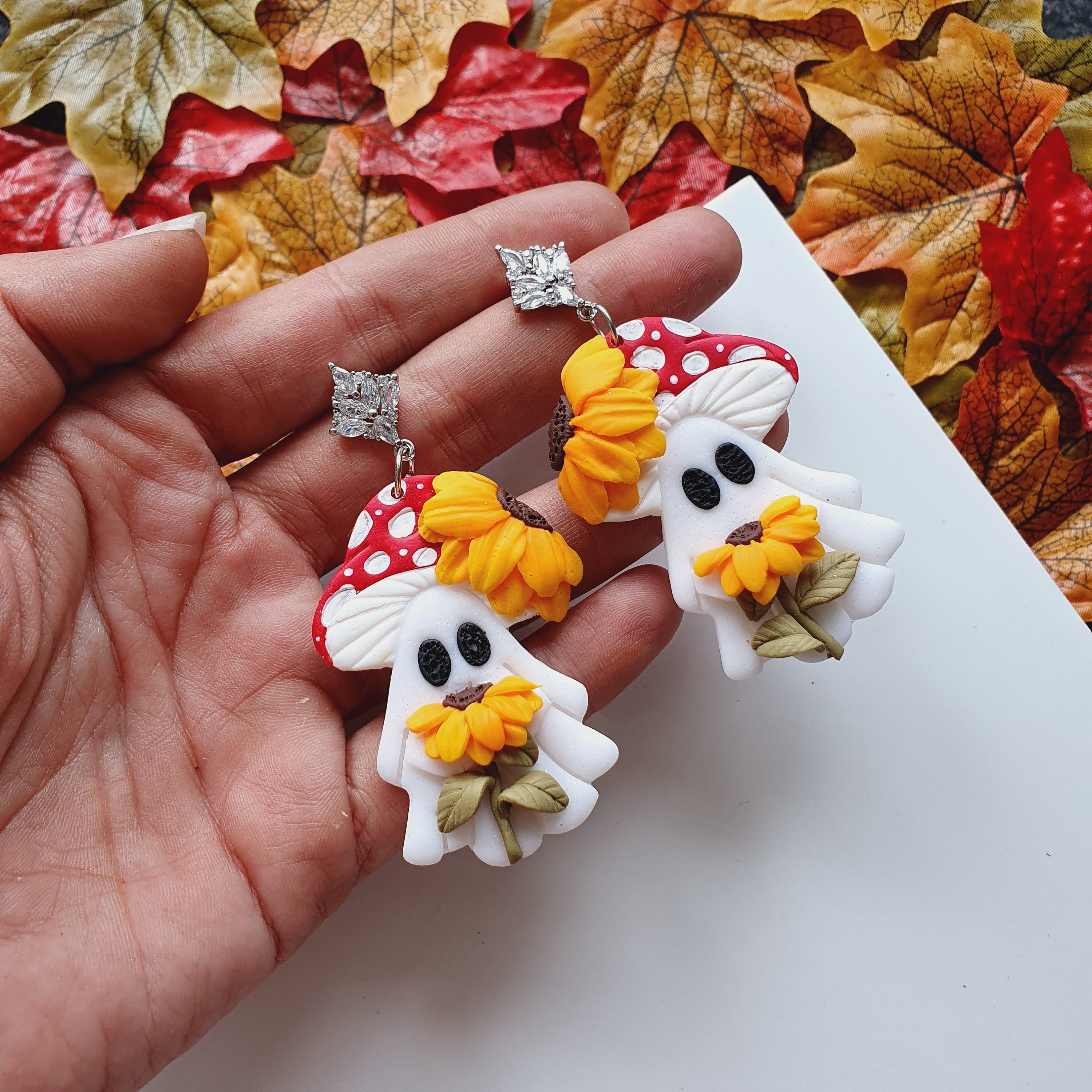 Shimmery Ghost Earrings: Handmade Clay Sunflower Jewelry