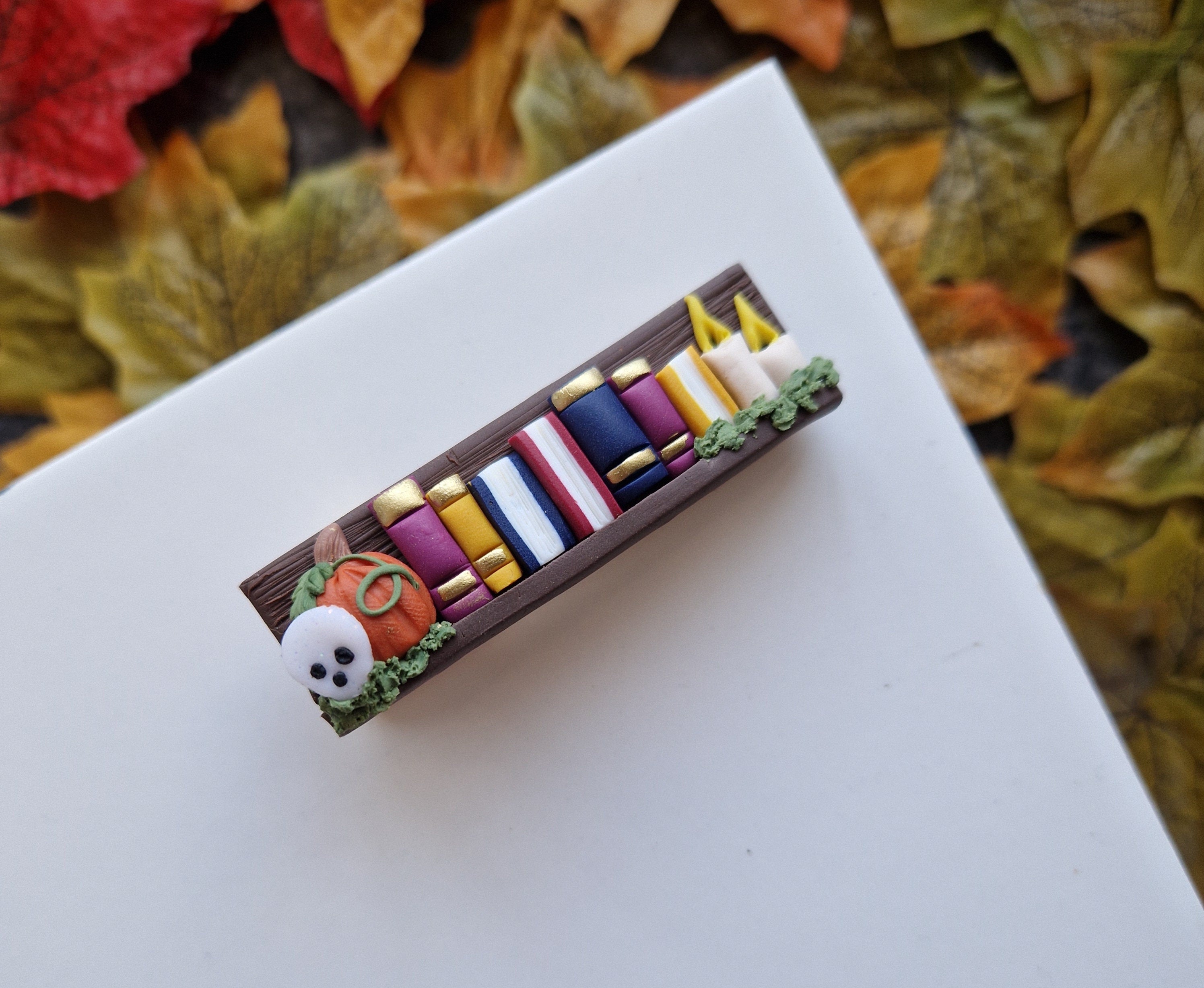 Spooky Bookcase Hair Clip: Handmade Clay Halloween Accessory
