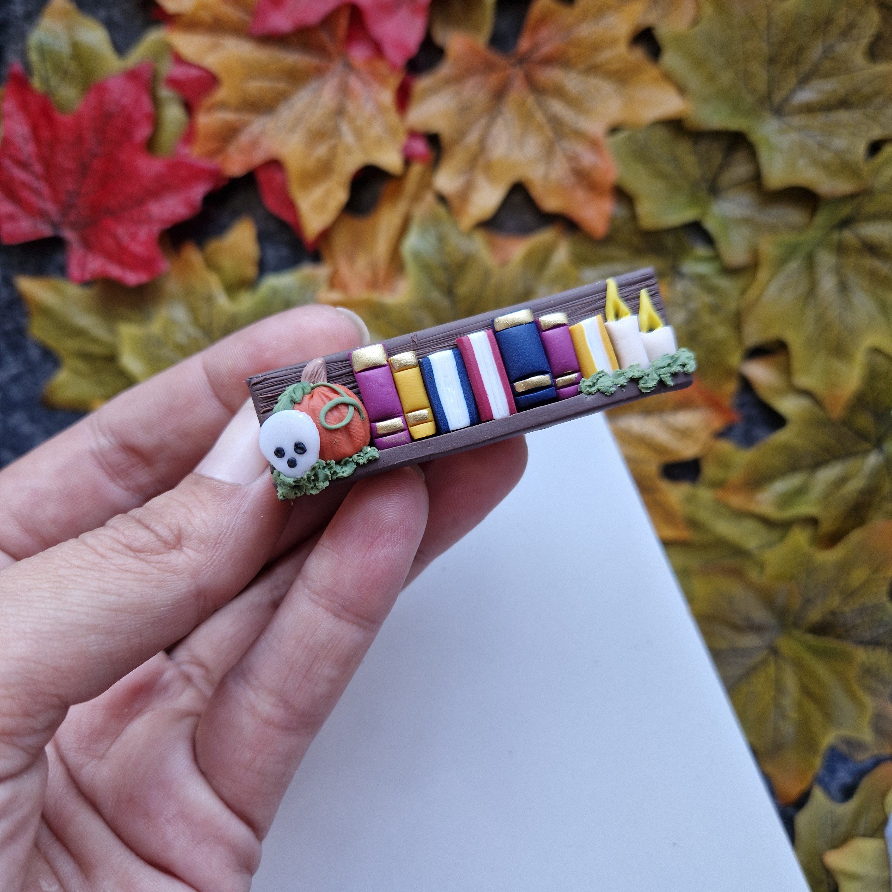 Spooky Bookcase Hair Clip: Handmade Clay Halloween Accessory