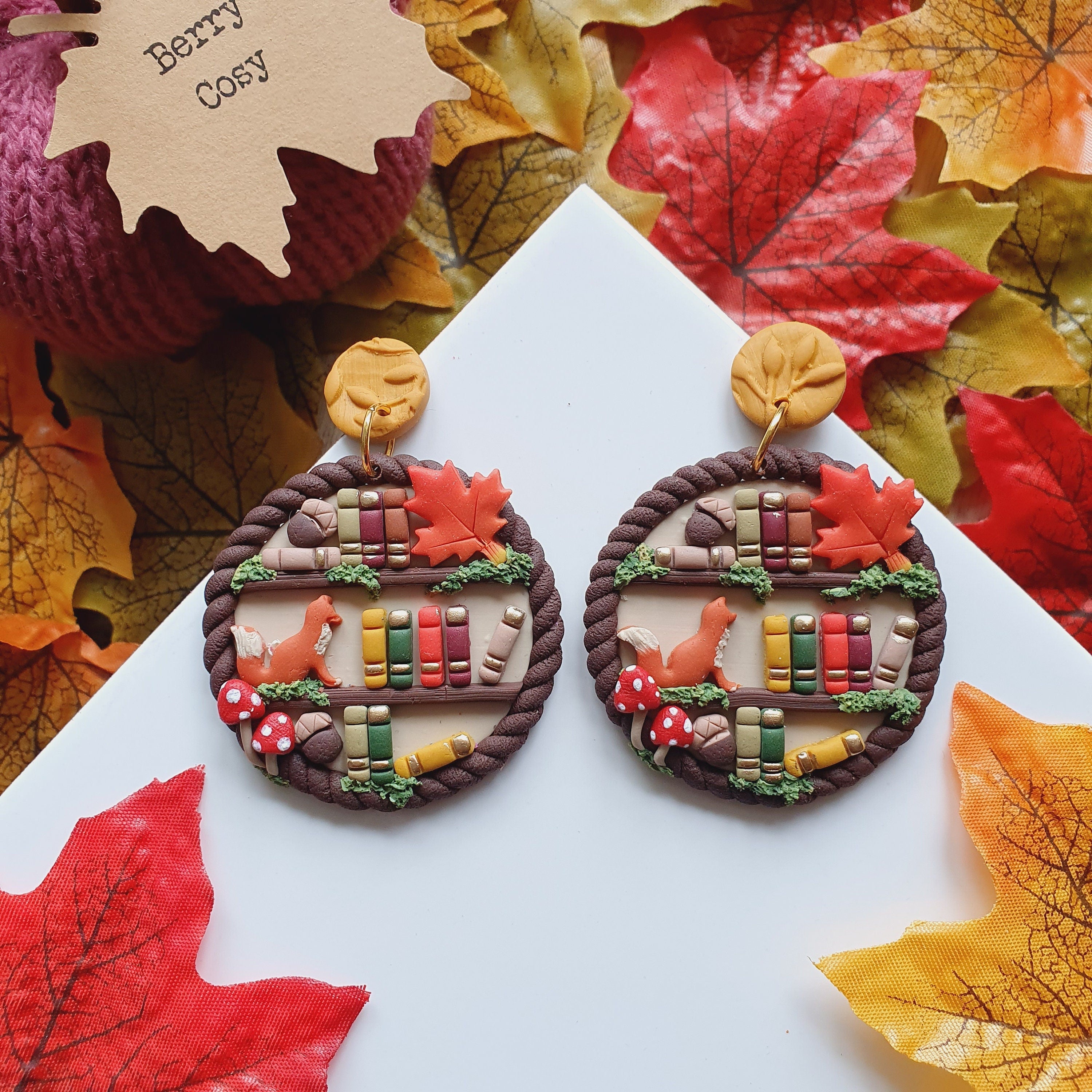 Cottage Core Bookshelf Earrings: Fox, Mushroom, Acorn Clay Earrings