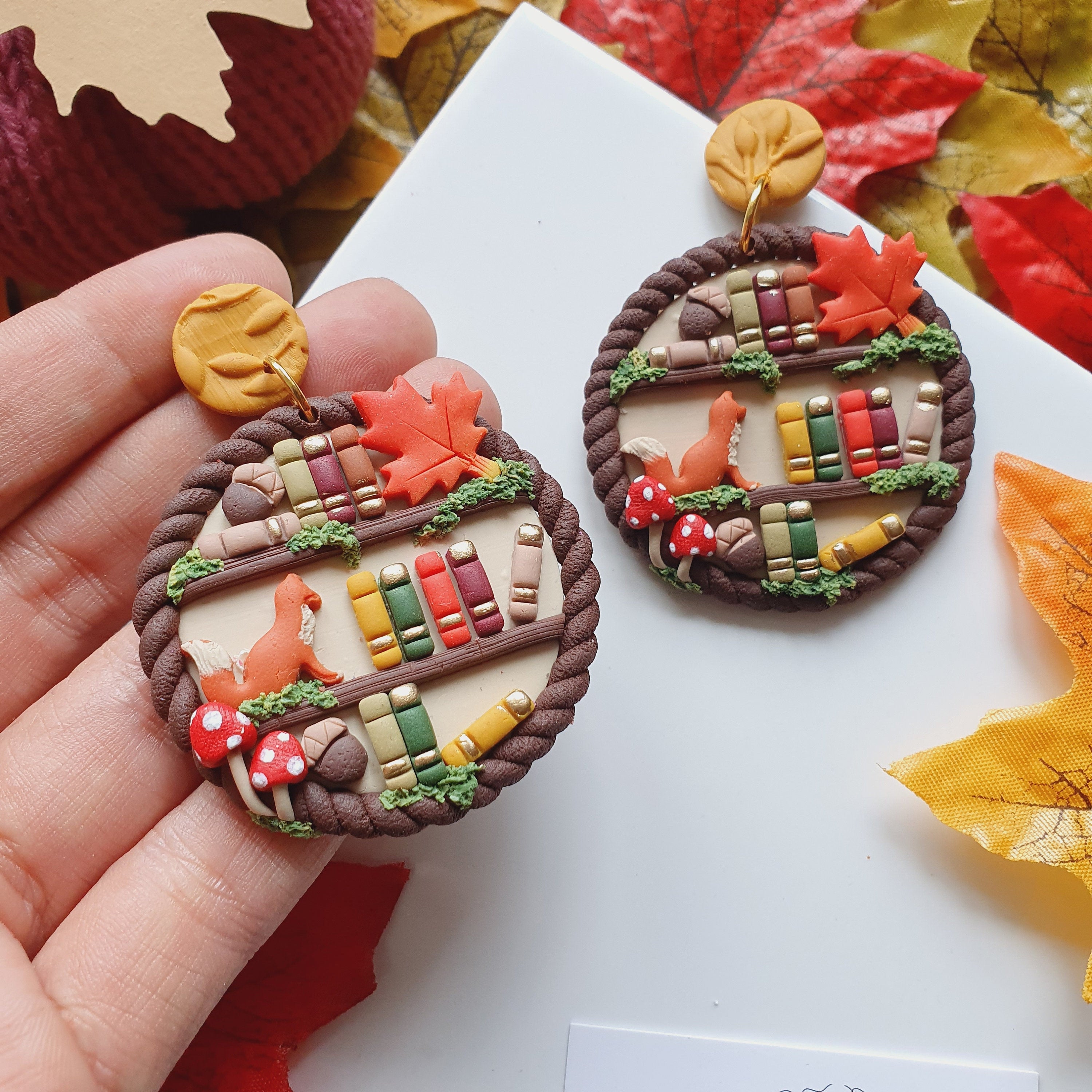 Cottage Core Bookshelf Earrings: Fox, Mushroom, Acorn Clay Earrings