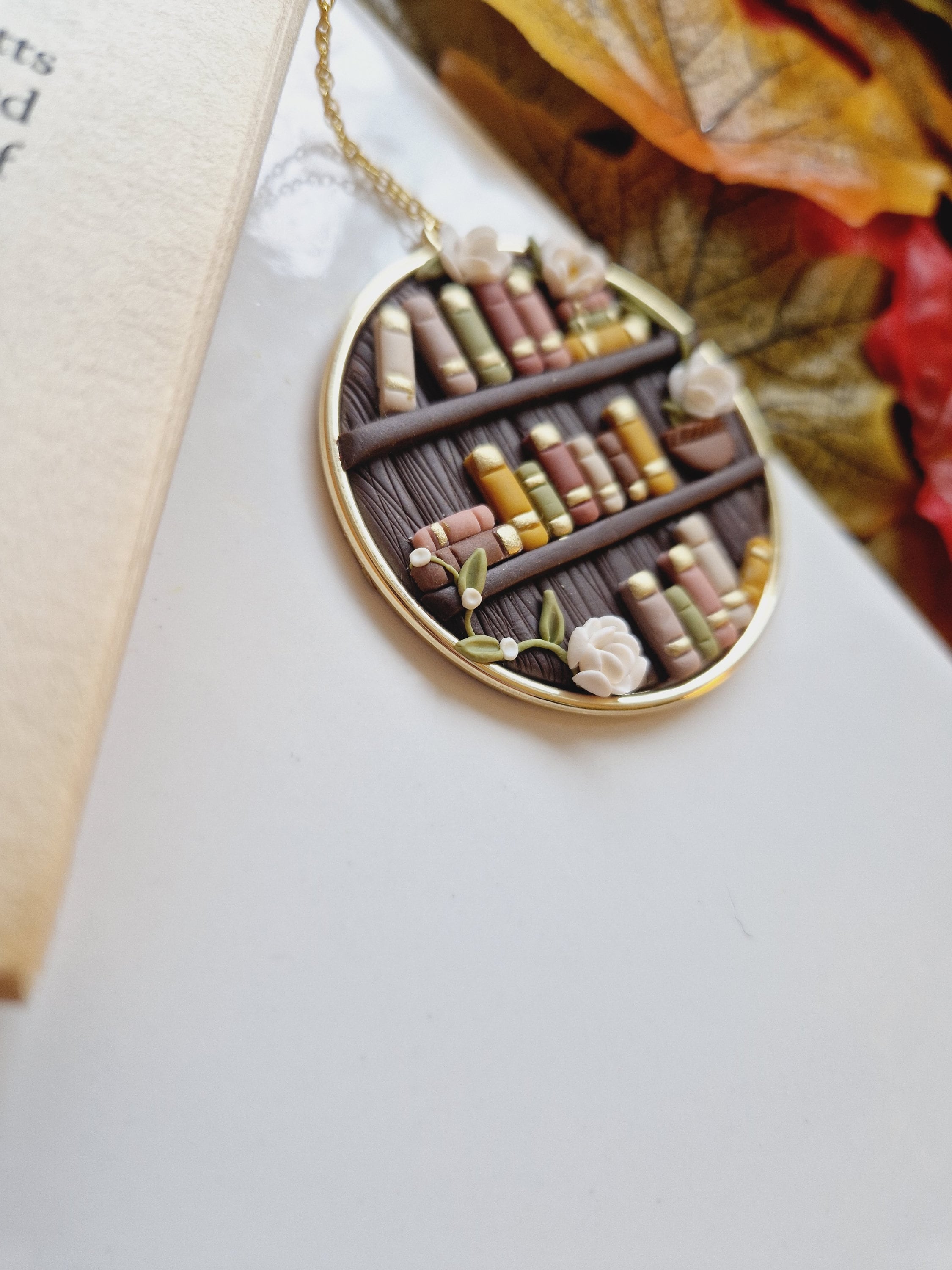 Handcrafted Clay Bookcase Necklace: Floral Gold Plated Bezel