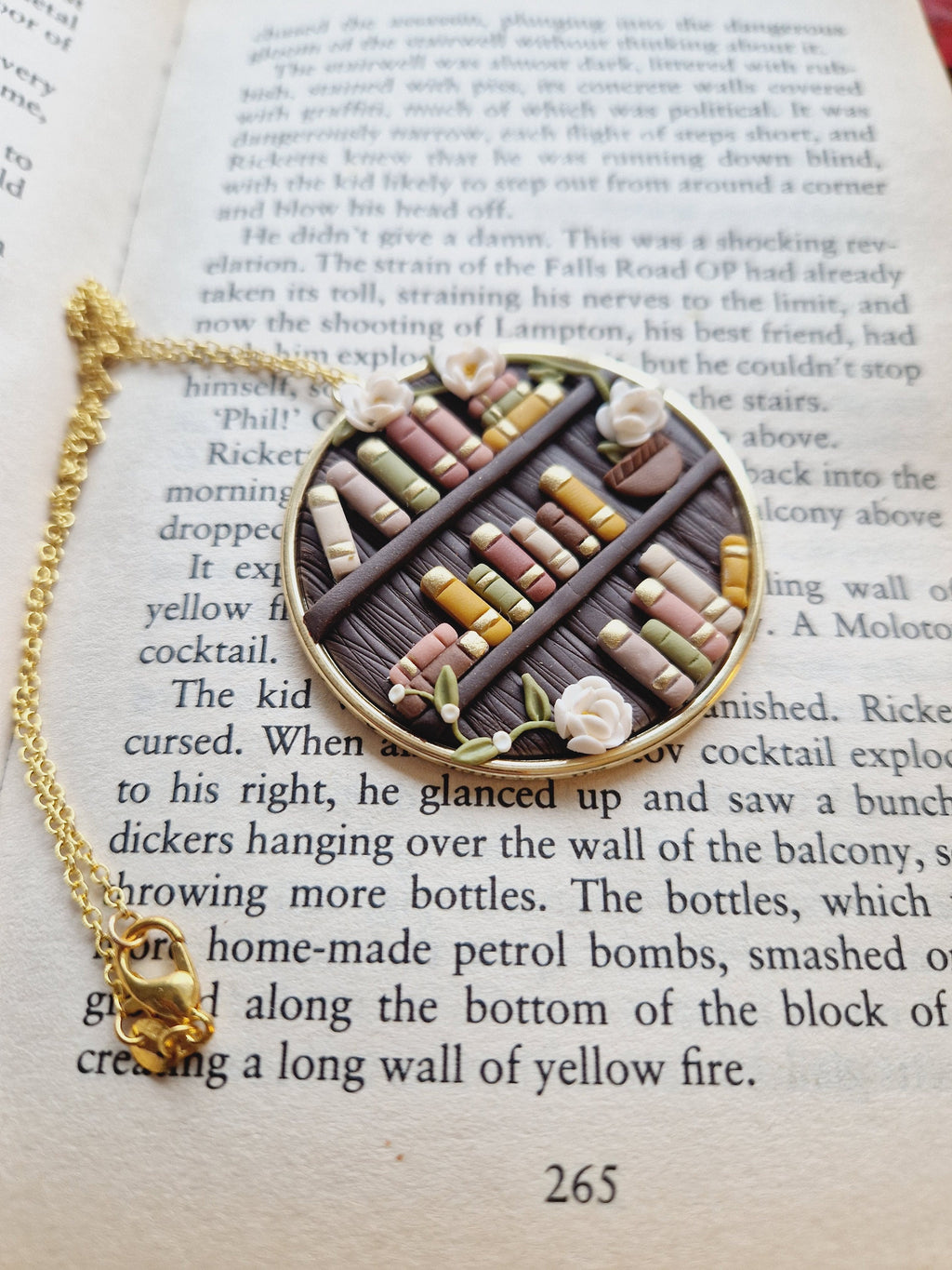 Handcrafted Clay Bookcase Necklace: Floral Gold Plated Bezel