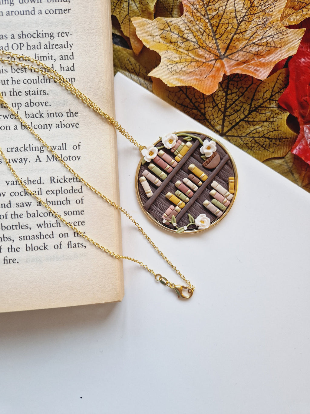 Handcrafted Clay Bookcase Necklace: Floral Gold Plated Bezel
