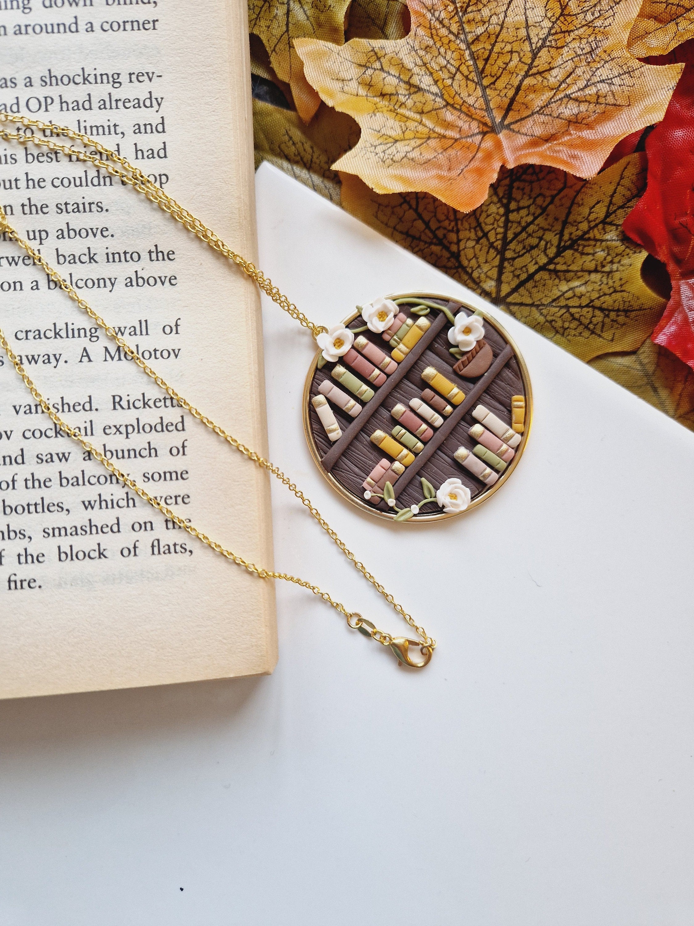 Handcrafted Clay Bookcase Necklace: Floral Gold Plated Bezel