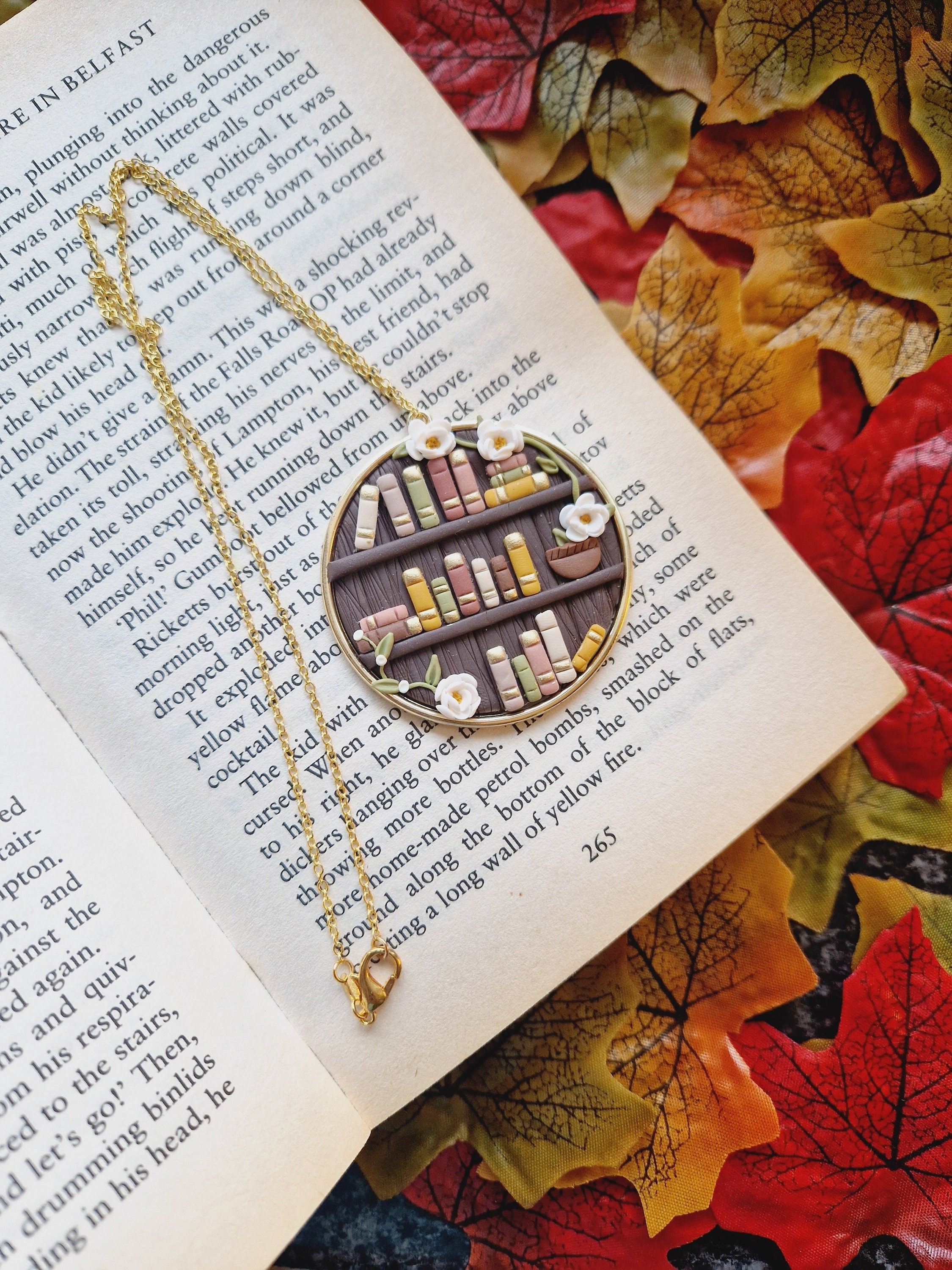 Handcrafted Clay Bookcase Necklace: Floral Gold Plated Bezel