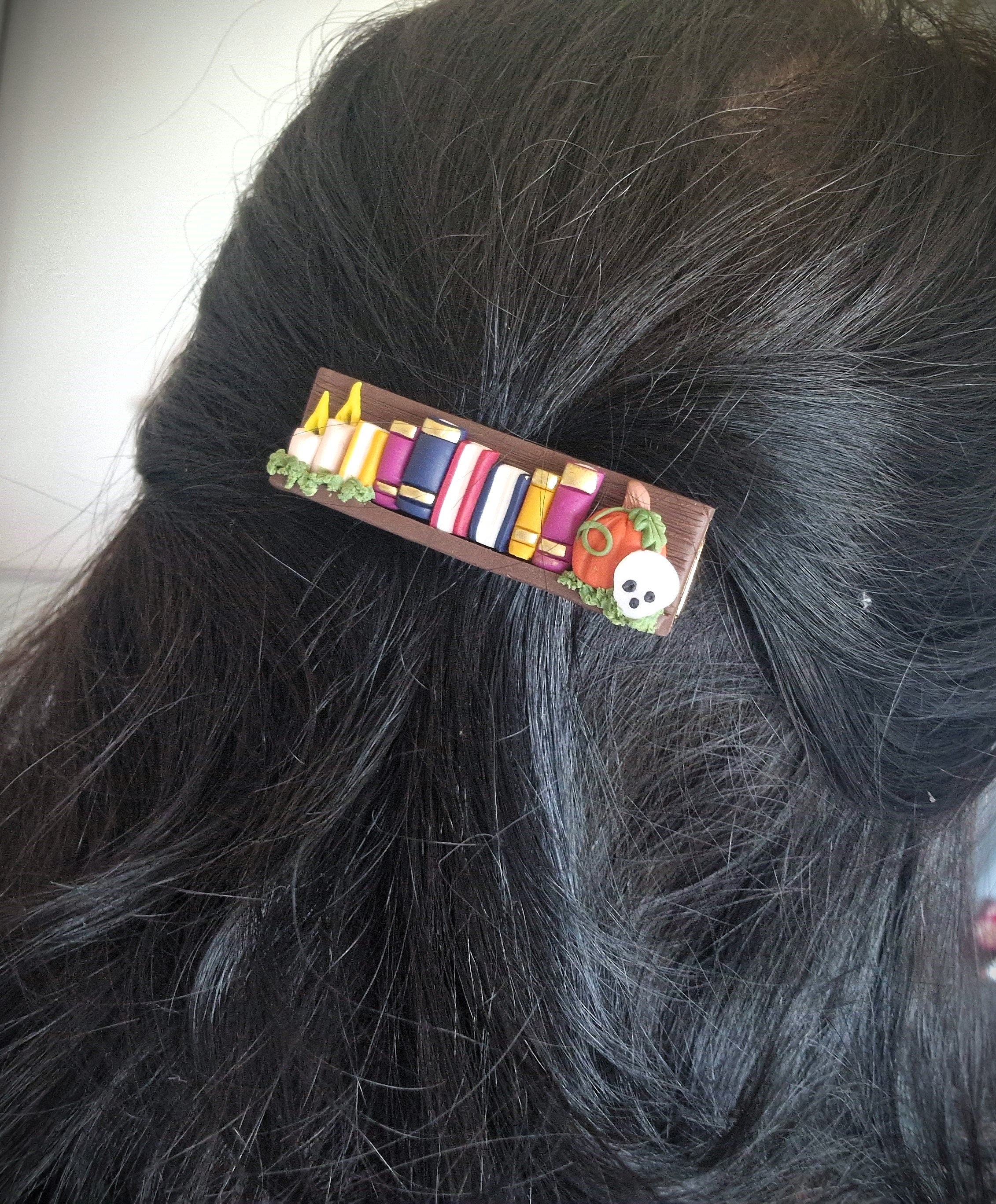 Spooky Bookcase Hair Clip: Handmade Clay Halloween Accessory
