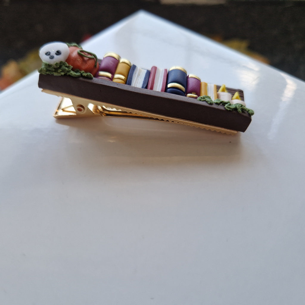 Spooky Bookcase Hair Clip: Handmade Clay Halloween Accessory