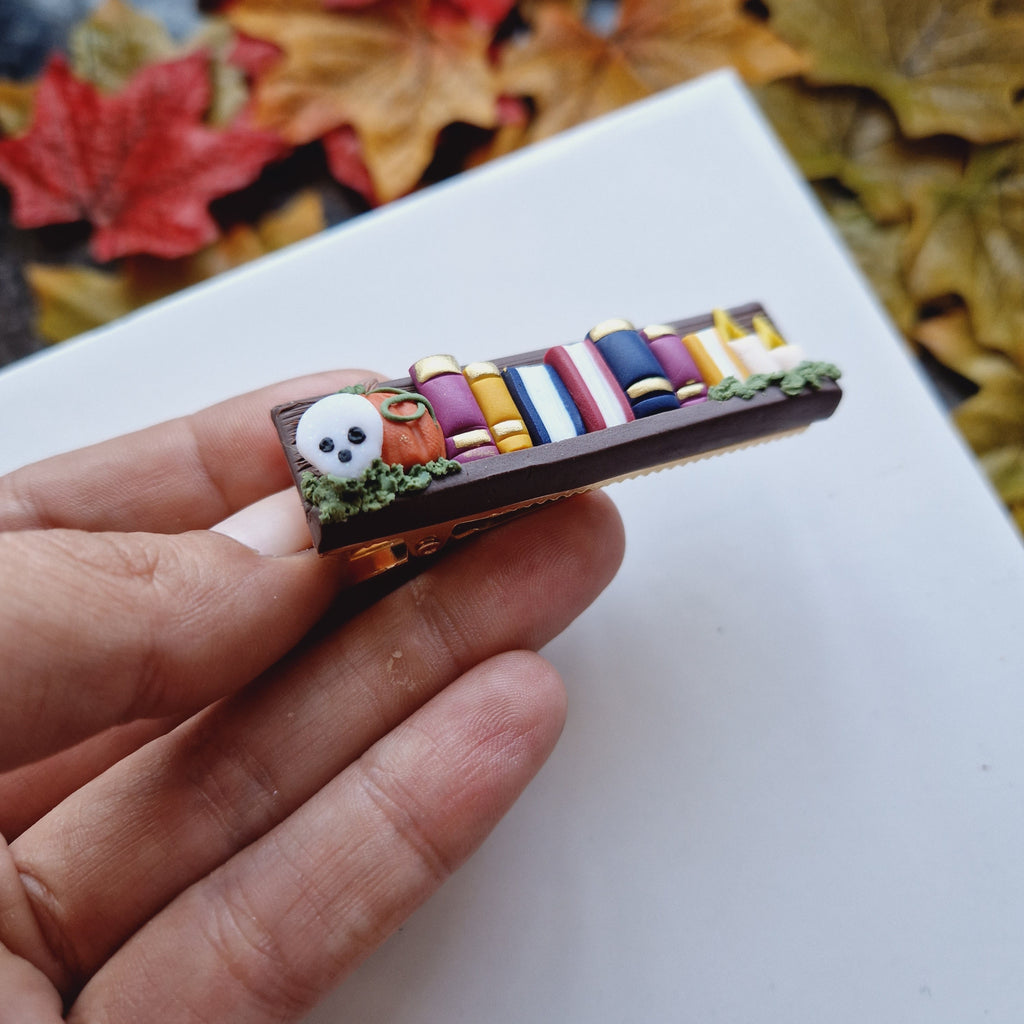 Spooky Bookcase Hair Clip: Handmade Clay Halloween Accessory