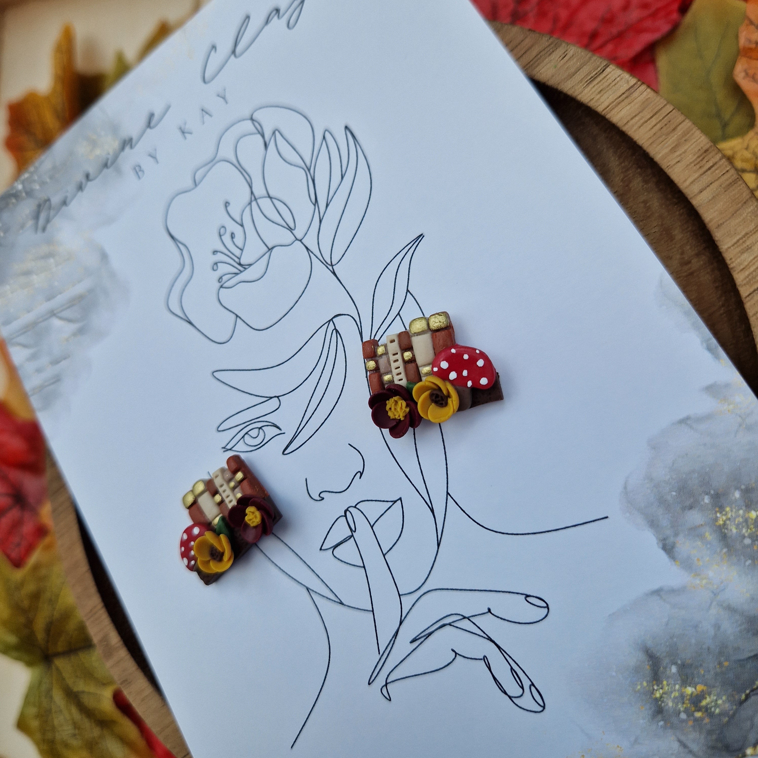 Handmade Clay Book Stud Earrings: Mushroom Bookshelf Jewelry
