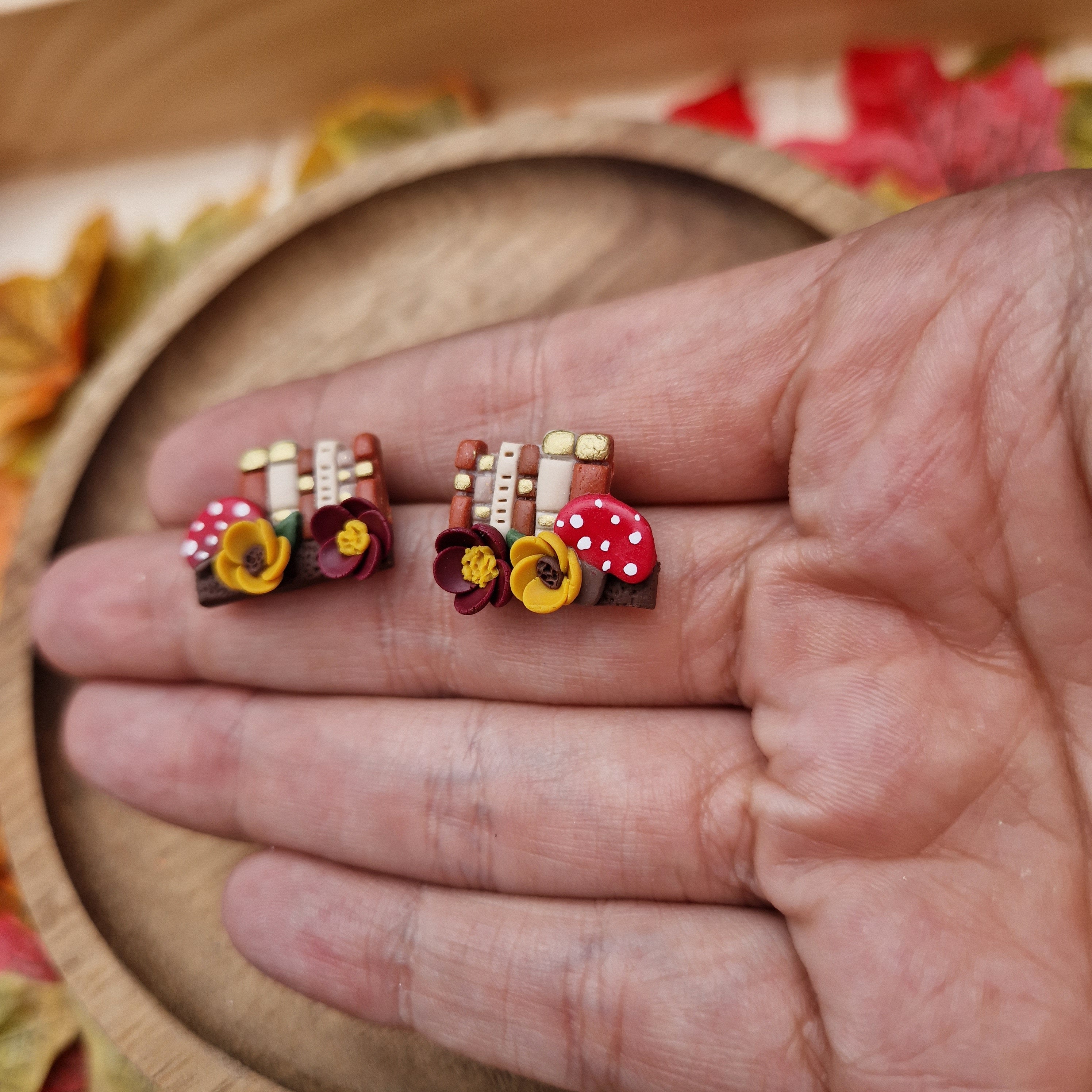 Handmade Clay Book Stud Earrings: Mushroom Bookshelf Jewelry