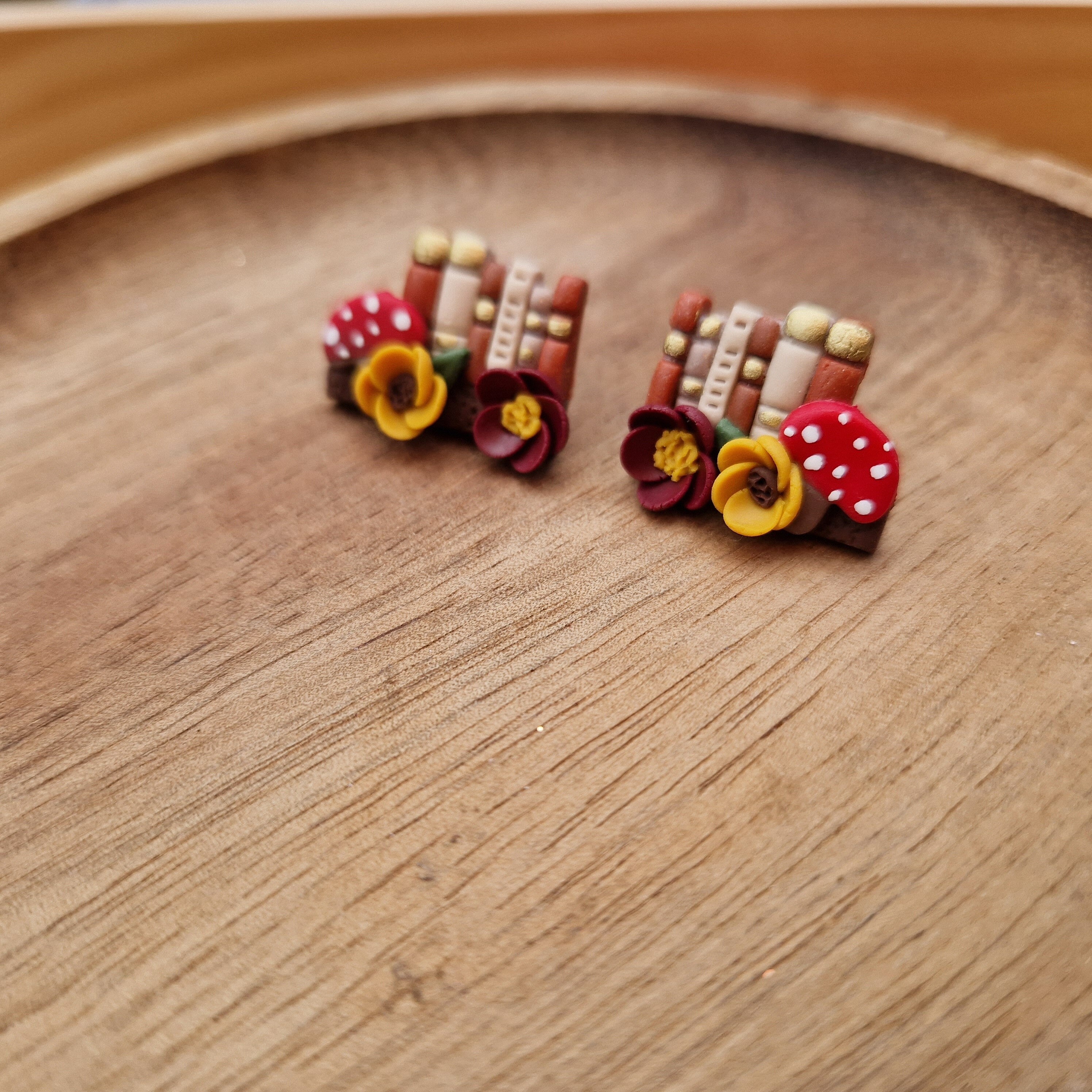 Handmade Clay Book Stud Earrings: Mushroom Bookshelf Jewelry
