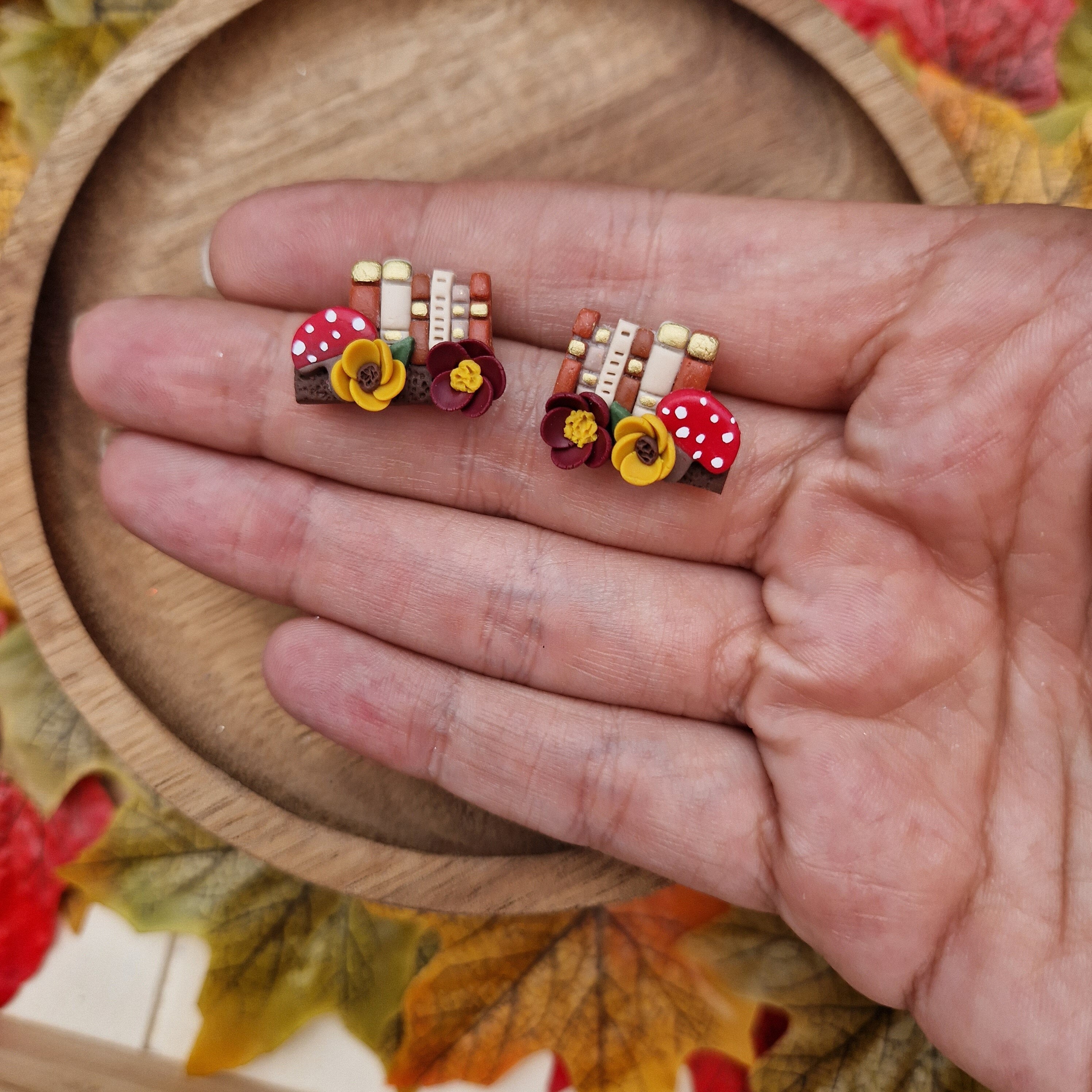 Handmade Clay Book Stud Earrings: Mushroom Bookshelf Jewelry