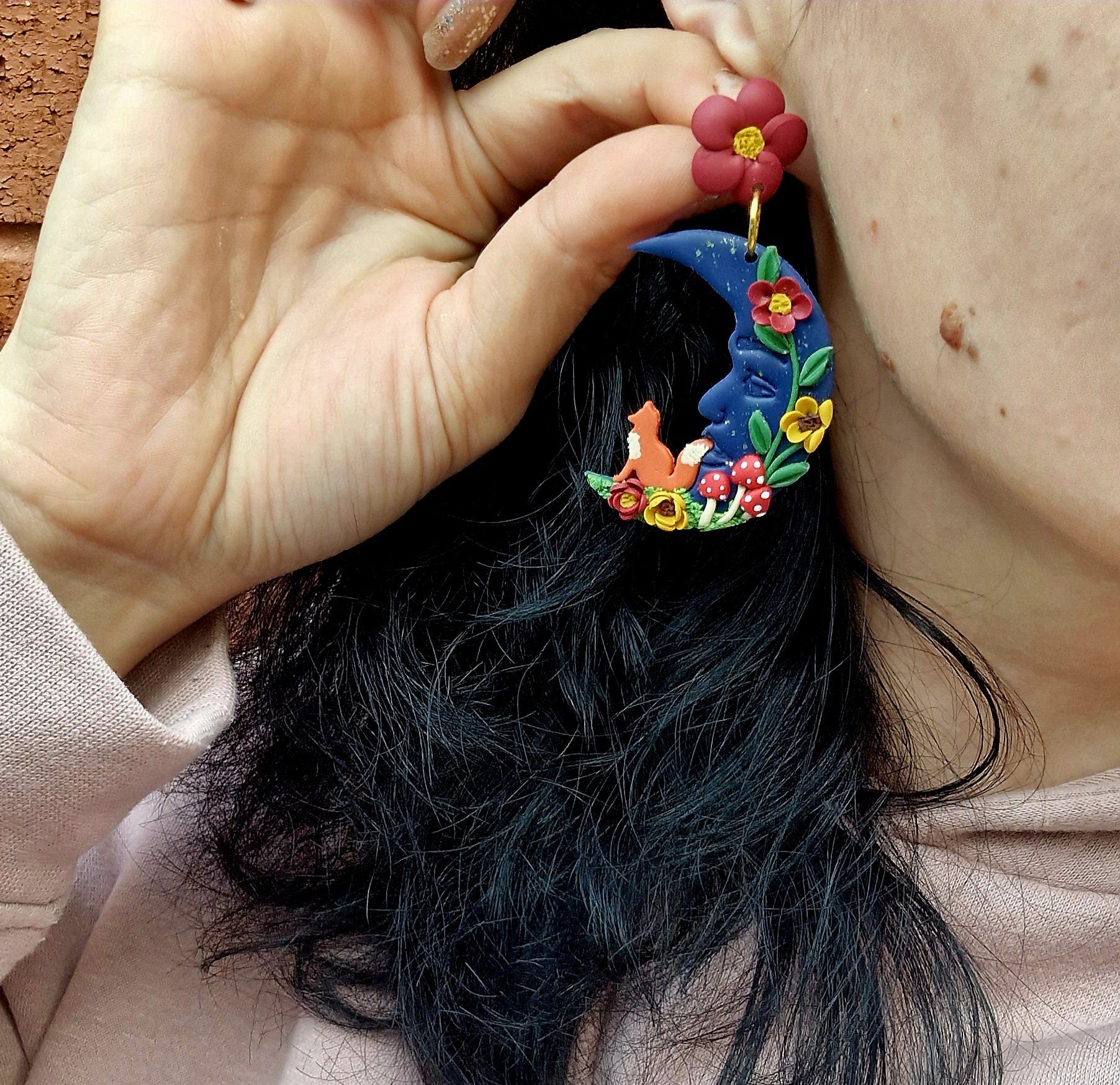 Clay Fox Moon Earrings: Cottagecore Woodland Jewelry