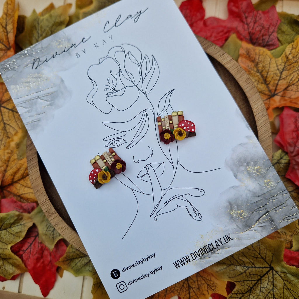 Handmade Clay Book Stud Earrings: Mushroom Bookshelf Jewelry