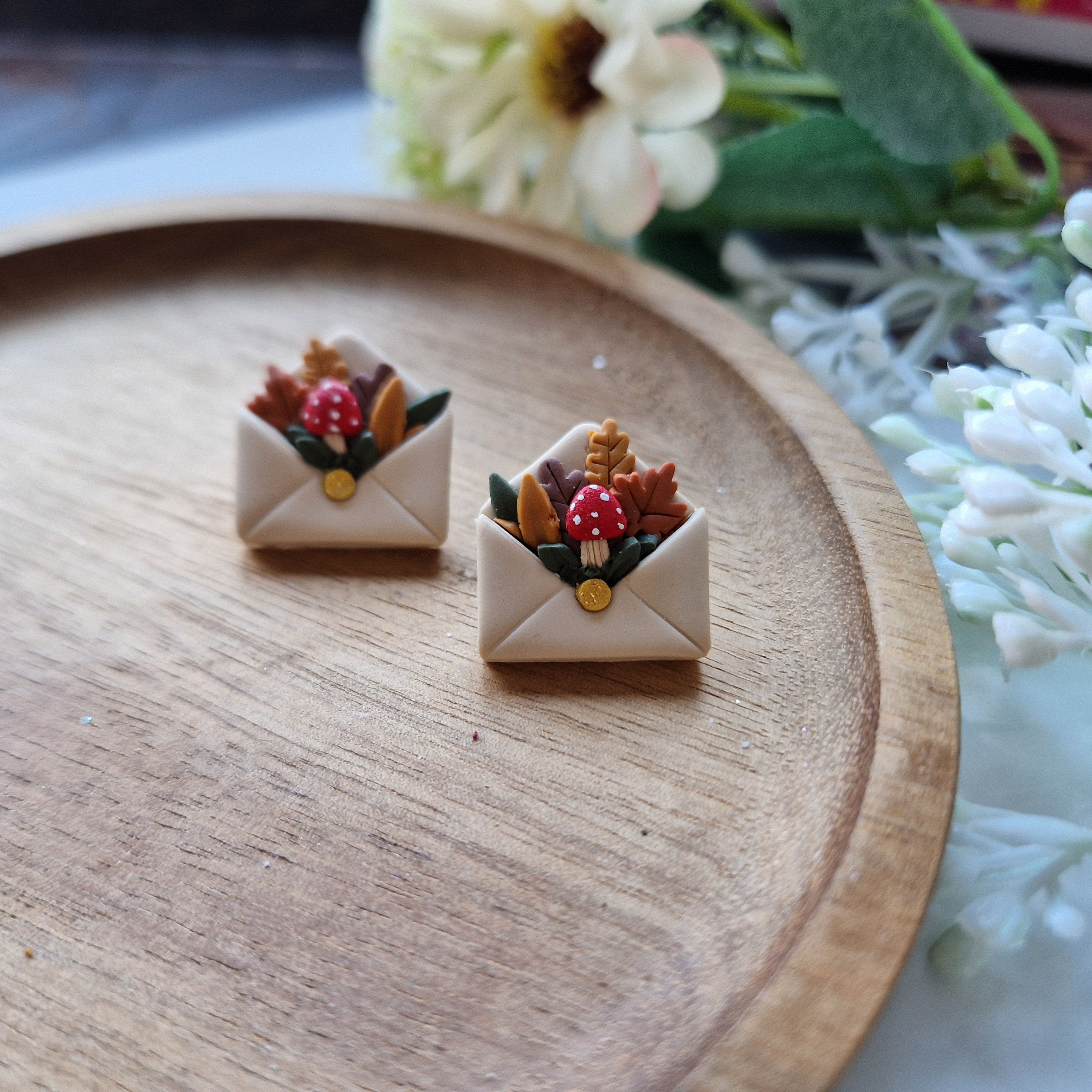 Mushroom Envelope Stud Earrings: Cottagecore Clay Jewelry