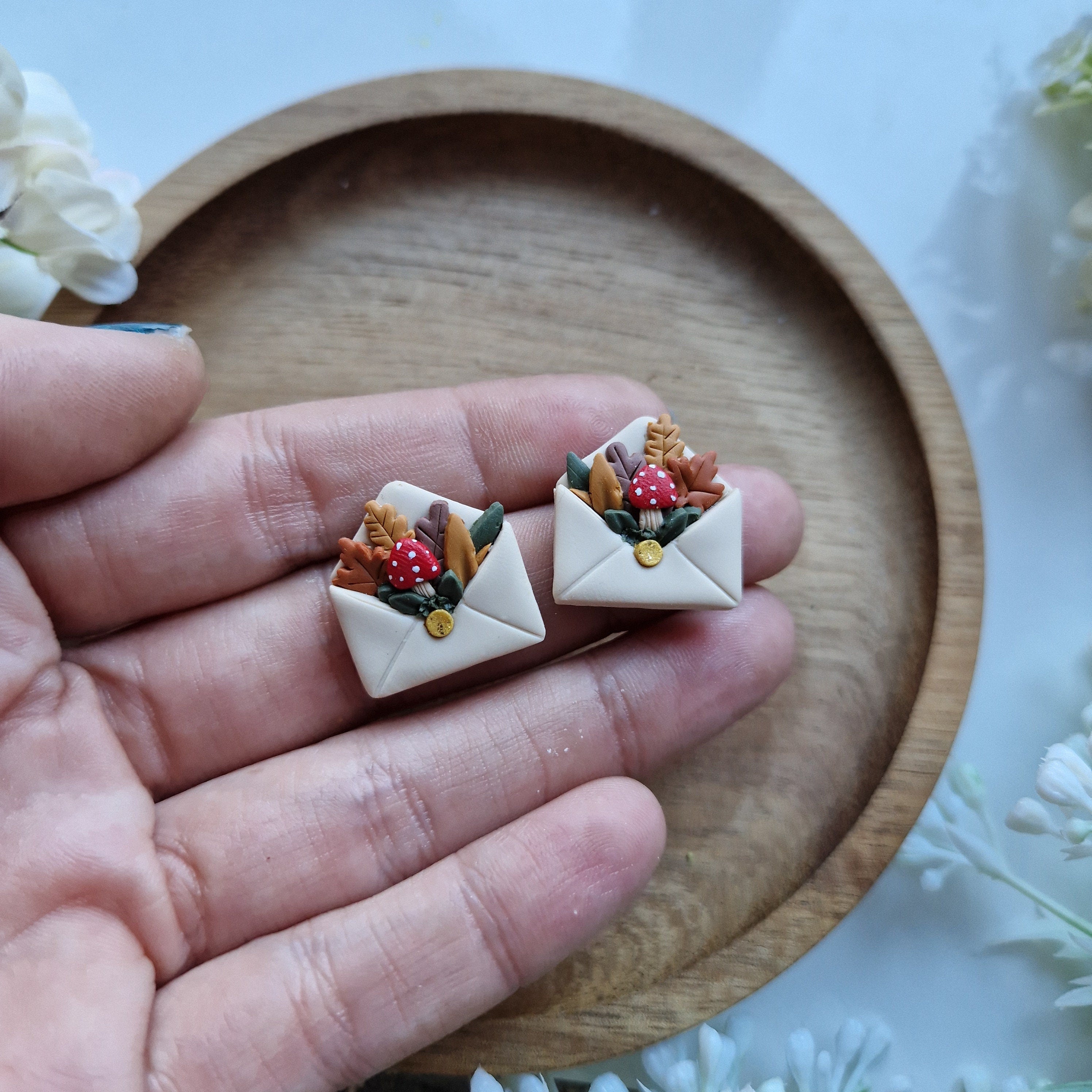 Mushroom Envelope Stud Earrings: Cottagecore Clay Jewelry