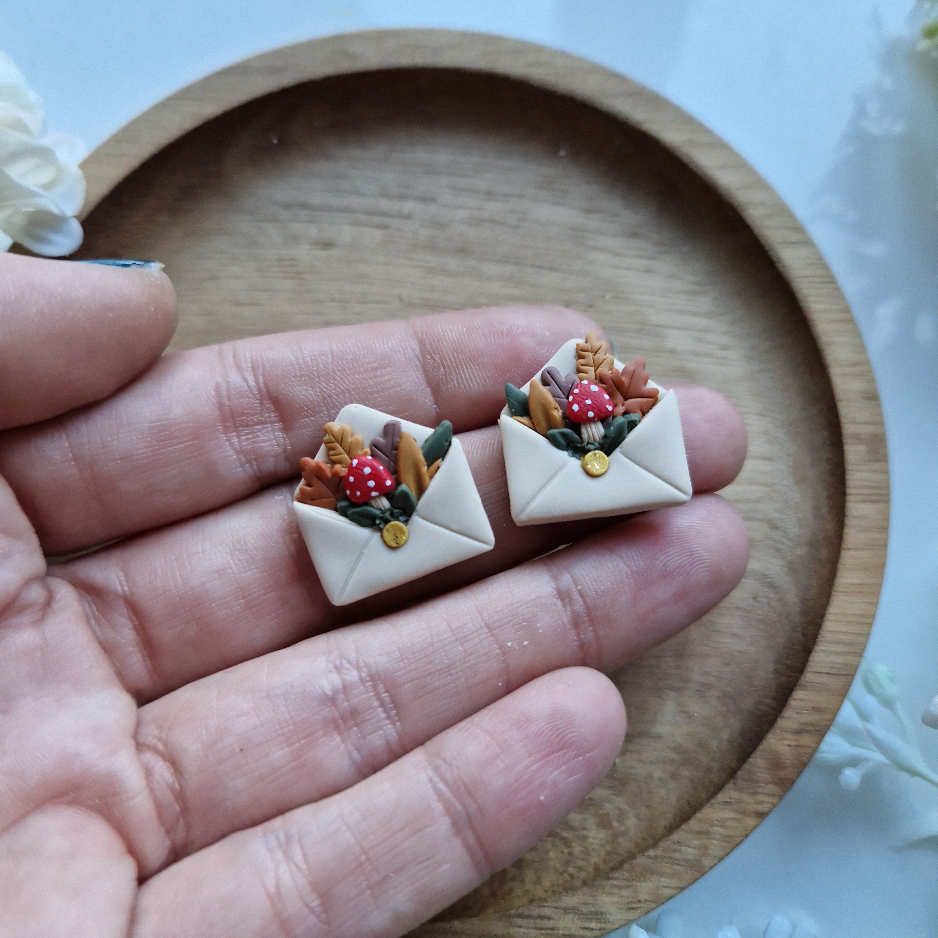 Mushroom Envelope Stud Earrings: Cottagecore Clay Jewelry