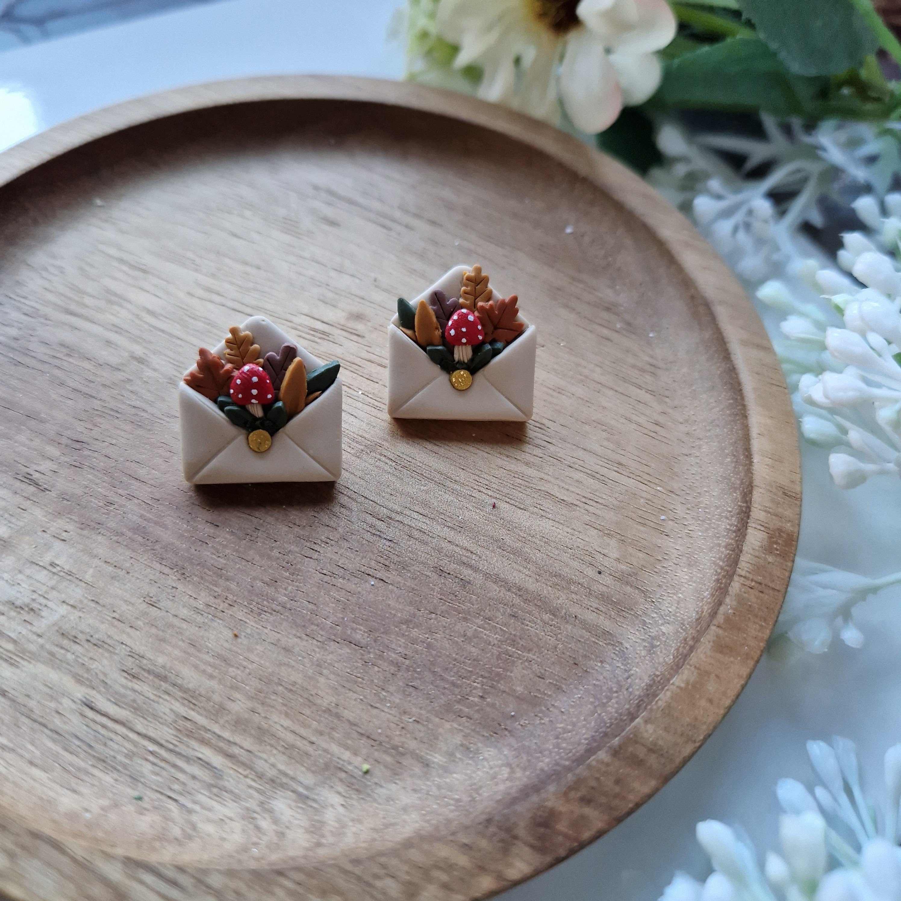 Mushroom Envelope Stud Earrings: Cottagecore Clay Jewelry