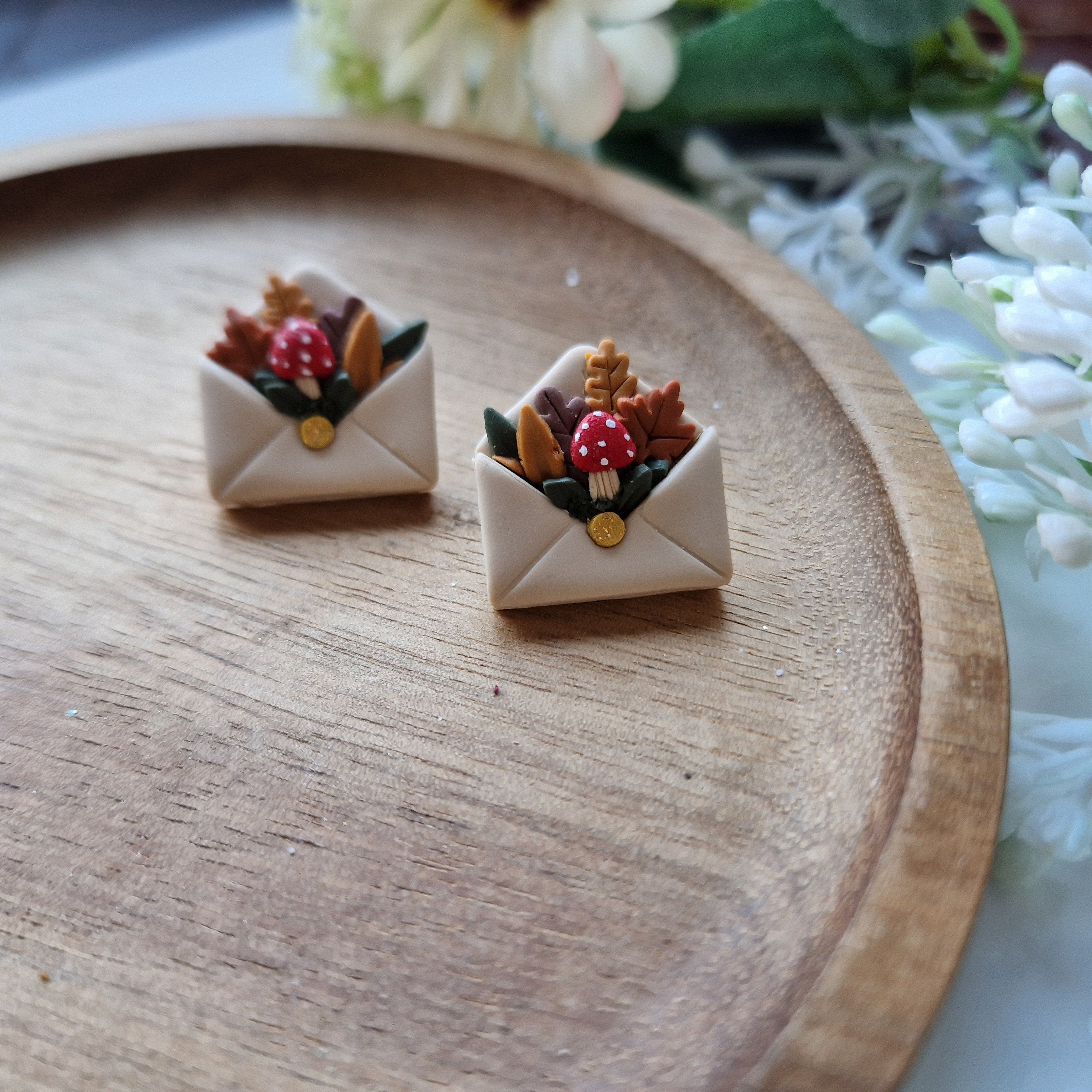 Mushroom Envelope Stud Earrings: Cottagecore Clay Jewelry