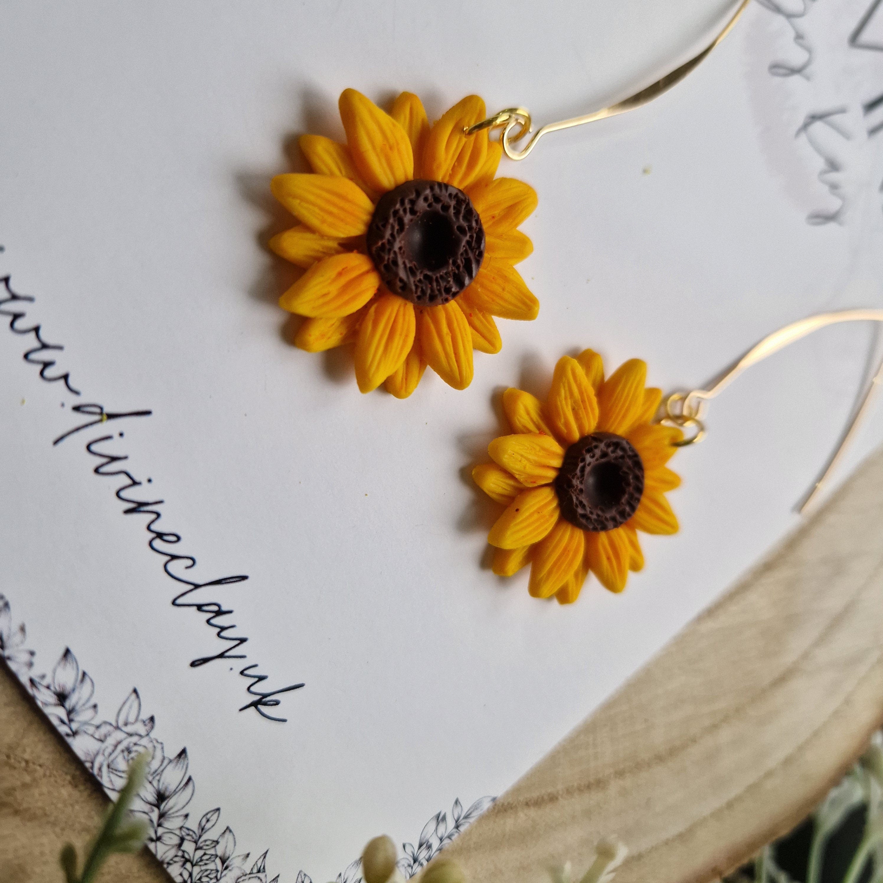 Handmade Sunflower Clay Dangle Earrings: Gold Plated Hooks